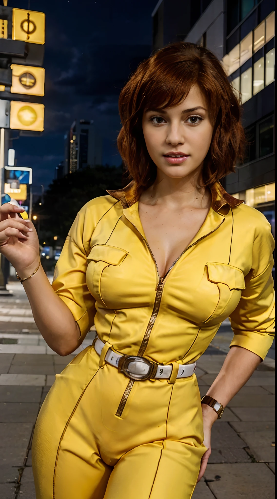 Unreal engine: 1.4, UHD, Best quality: 1.4, photorealistic: 1.4, skin texture: 1.4, masterpiece: 1.8, Cowboy shot, April O'Neil waifu, 1980s (style), 1 woman, Short ((crimson)) hair, Serious expression, Worried expression, Retro art style, Short hair, Female TV reporter, Speaking into the microphone, Yellow jersey suit, White belt, Yellow jersey suit at the hips, Half breasts, neckline, hyper-realistic eyes, Beautiful eyes, detailed eyes, realistic face, beautiful woman, realistic background, Urban street, Street lights at night, Amazing lights, amazing background, microphone, TV reporter, cameltoe