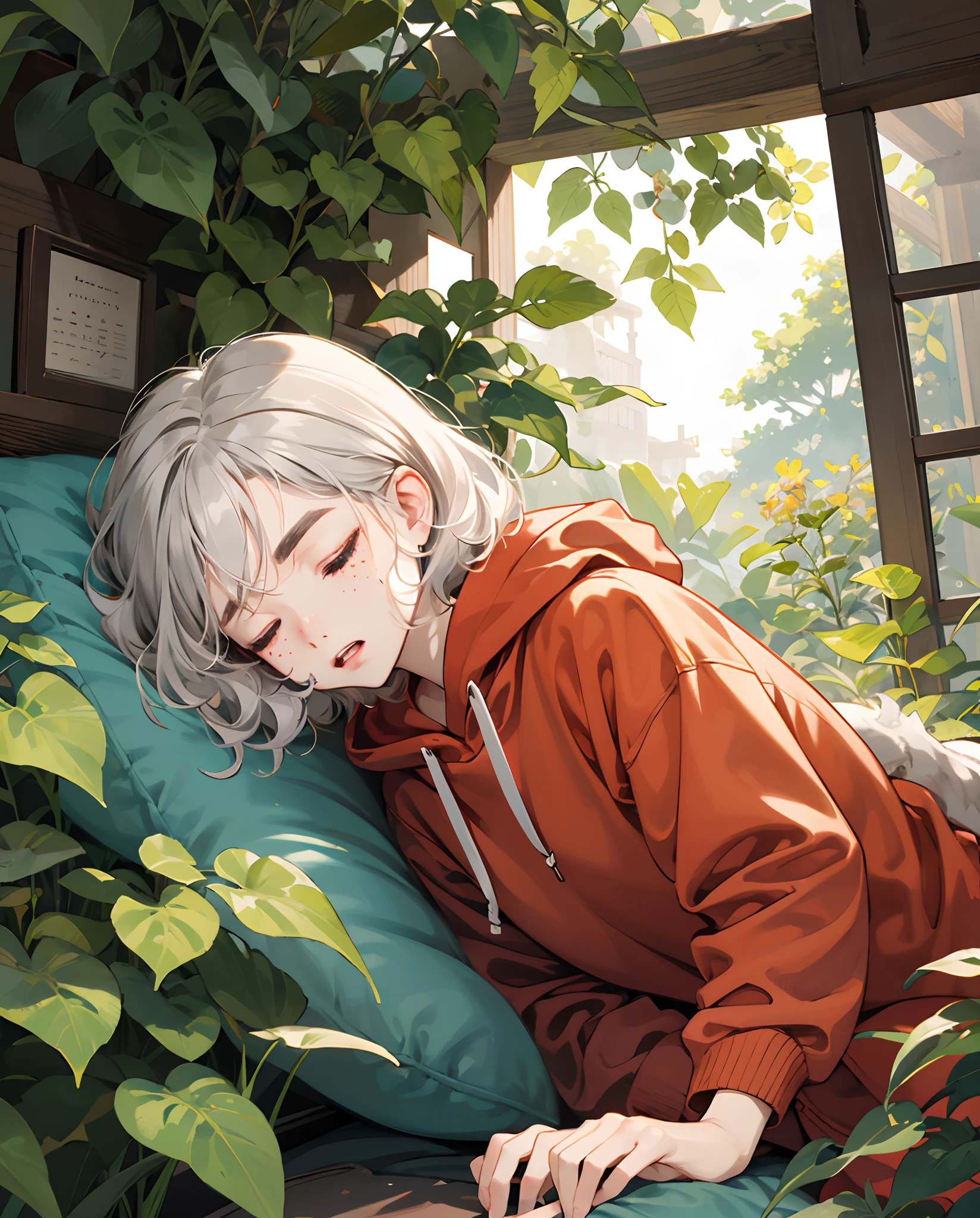 kawaii、Light gray hair、Middle parted bangs、Undercut、Upbank、fluffly、short curly hair、Lowered eyebrows、double tooth、hitornfreckles、illustratio、suffocating、innocent、 sleeping girl 、ivy、botanical garden、a small room、Red Hoodie、hitornfreckles、mystical