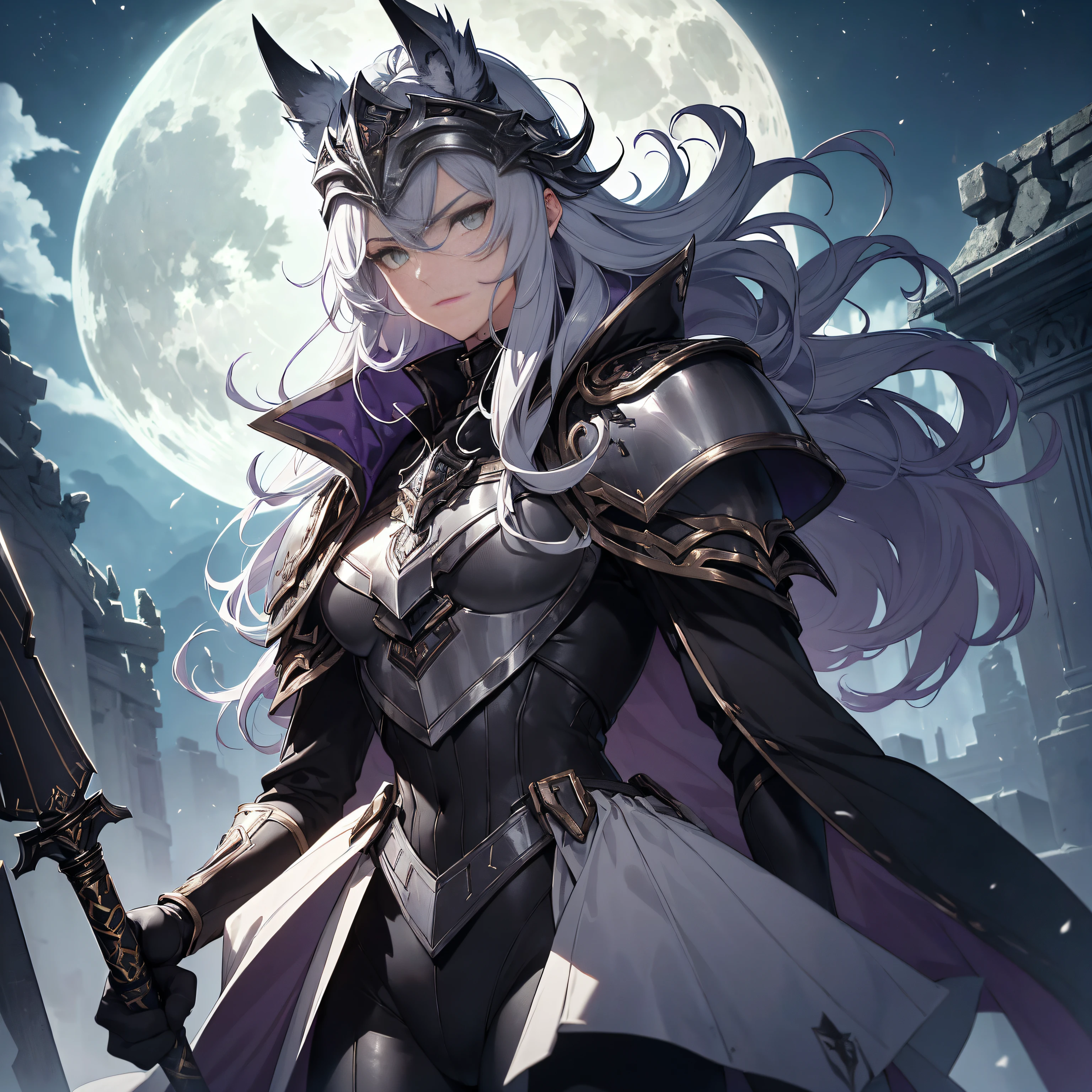 （best qualtiy，CG class，tmasterpiece),(A handsome one{{{+++Tall boy+++}}},A silver helmet with a wolf's head on his head,He wears luxurious purple-black platinum heavy armor,black glove,black colored leggings,Carry a weapon，Huge extravagance and gorgeous axes，Proud eyes，A haughty look，Gray-green eyes，detailed finger，staring right into camera，streamer)(enviroment:battlefiled，Bright night，A bright moon，Fallen soldiers，The fire is all over the sky，dynamic viewing angle，Magnificent)