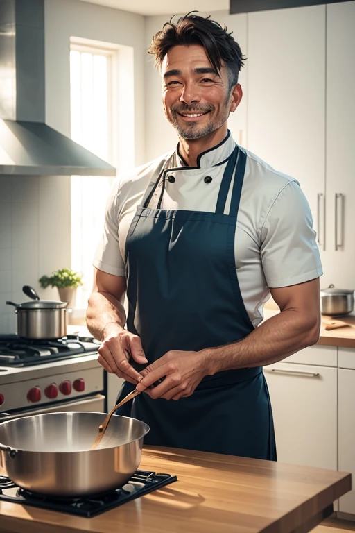 A chief, master cook in a clear and modern kitchen, smiling, handsome, tipical. 40 years old.