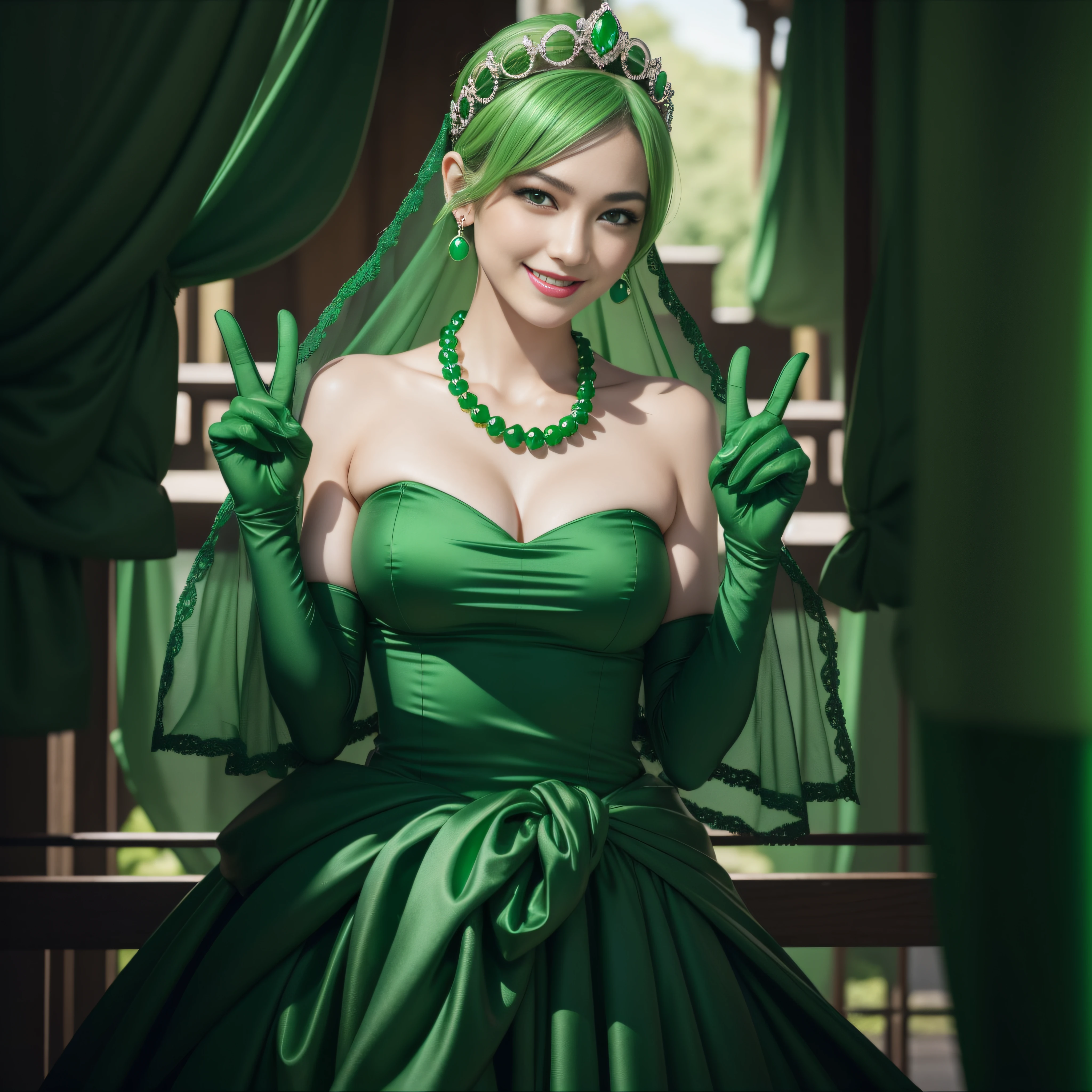 emerald tiara, Green Pearl Necklace, Boyish very short green hair, lipsticks, Japan woman smiling, very short short hair, big breasts beautiful, Green eyes, Long green gloves made of satin material, Green eyes, Emerald Earrings, green vale, v sign