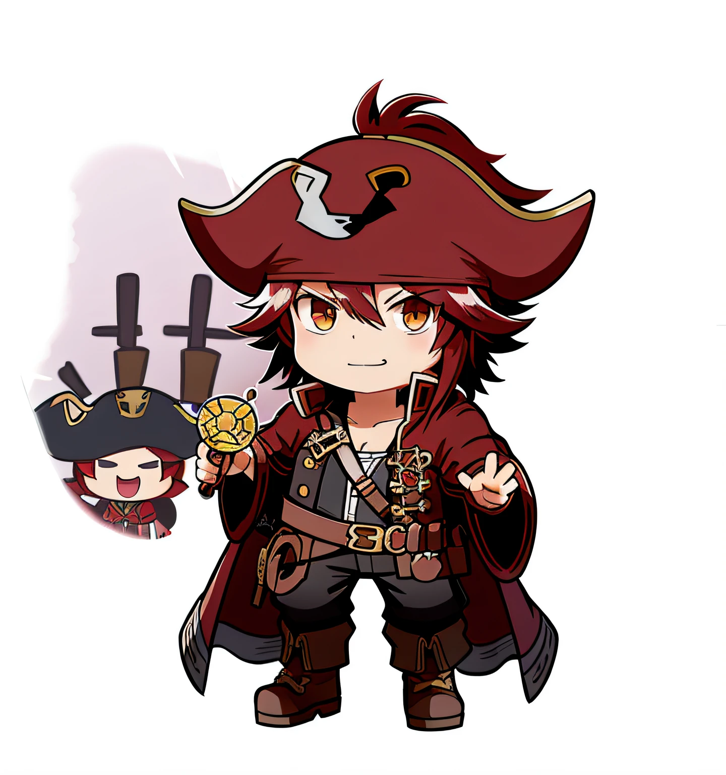 Anime character wearing a pirate hat and a red cloak holding a ship, character art of maple story, a pirate, A scene from the《azur lane》videogame, style as nendoroid, king of pirates, Kawasi, isekai, Pirate captain, granblue fantasy, pirate, swashbuckler class pirate, advanced digital chibi art, official character art, official render，Uma personagem feminina