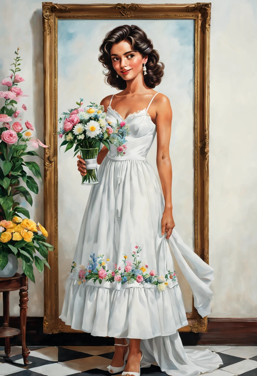 Quadro de uma linda e formosa jovem usando um longo vestido florido, branco, com  flores delicadas, olhar cativante; Ao lado de um vaso que repousa sobre um pedestal, On the wall a painting depicting a classic cartoon from the 80s or 90s, local: Library of a mansion