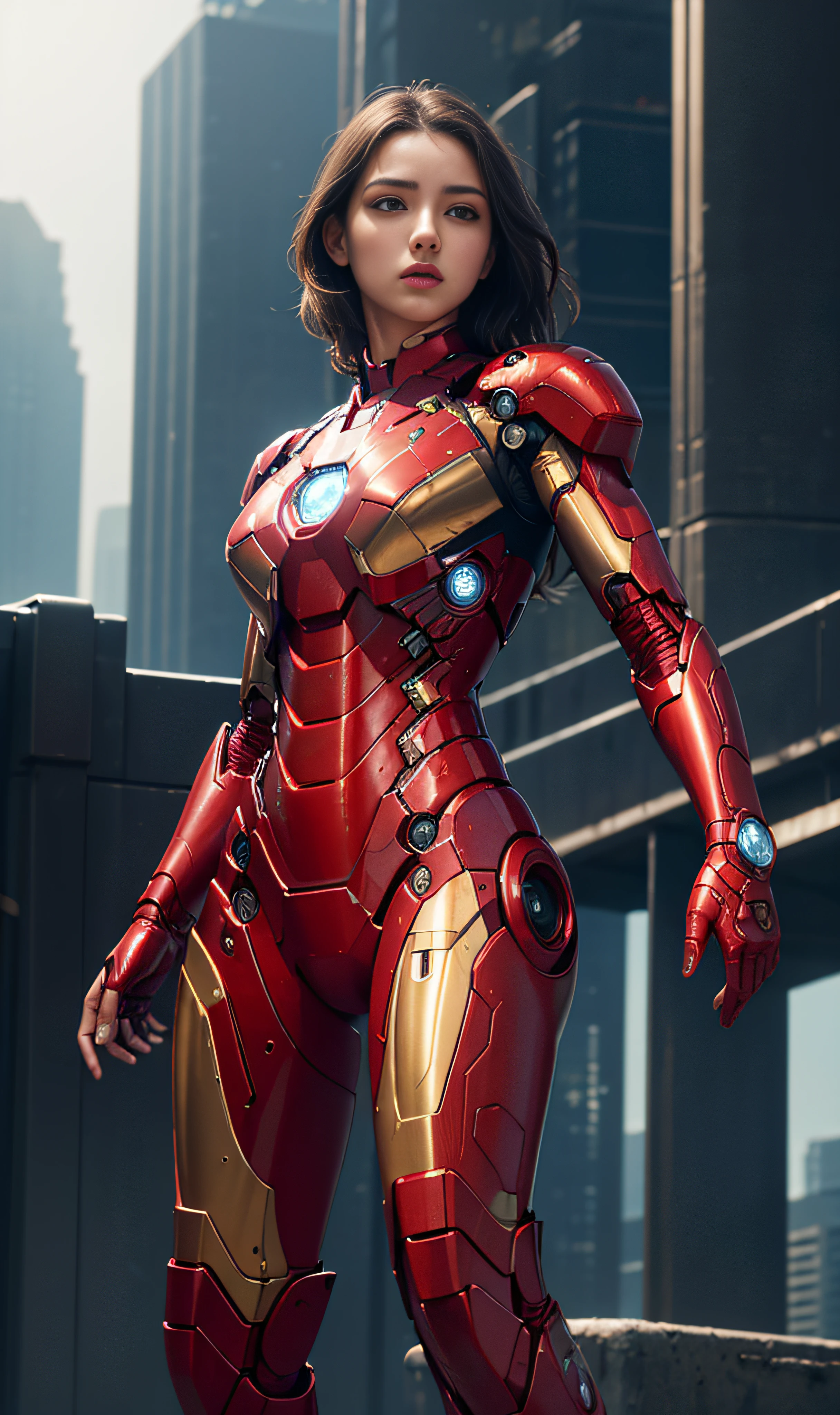 RAW, Masterpiece, Super Fine Photo,, Best Quality, Ultra High Resolution, Photorealistic Photorealism, Sunlight, Full Body Portrait, Amazing Beauty,,Dynamic Pose,Delicate Face,Vibrant Eyes,(From below), She Wears Futuristic Iron Man Mech, Red and Gold Color Scheme, Detailed Face, Detailed Complex Busy Background, Messy, Gorgeous, Highly Detailed Skin, Realistic Skin Details, Visible Pores, Sharp Focus, Volumetric Fog, 8K UHD, DSLR, High Quality, Film grain, fair skin, photorealism, lomography, sprawling metropolis in futuristic dystopia, seen from below, translucent,