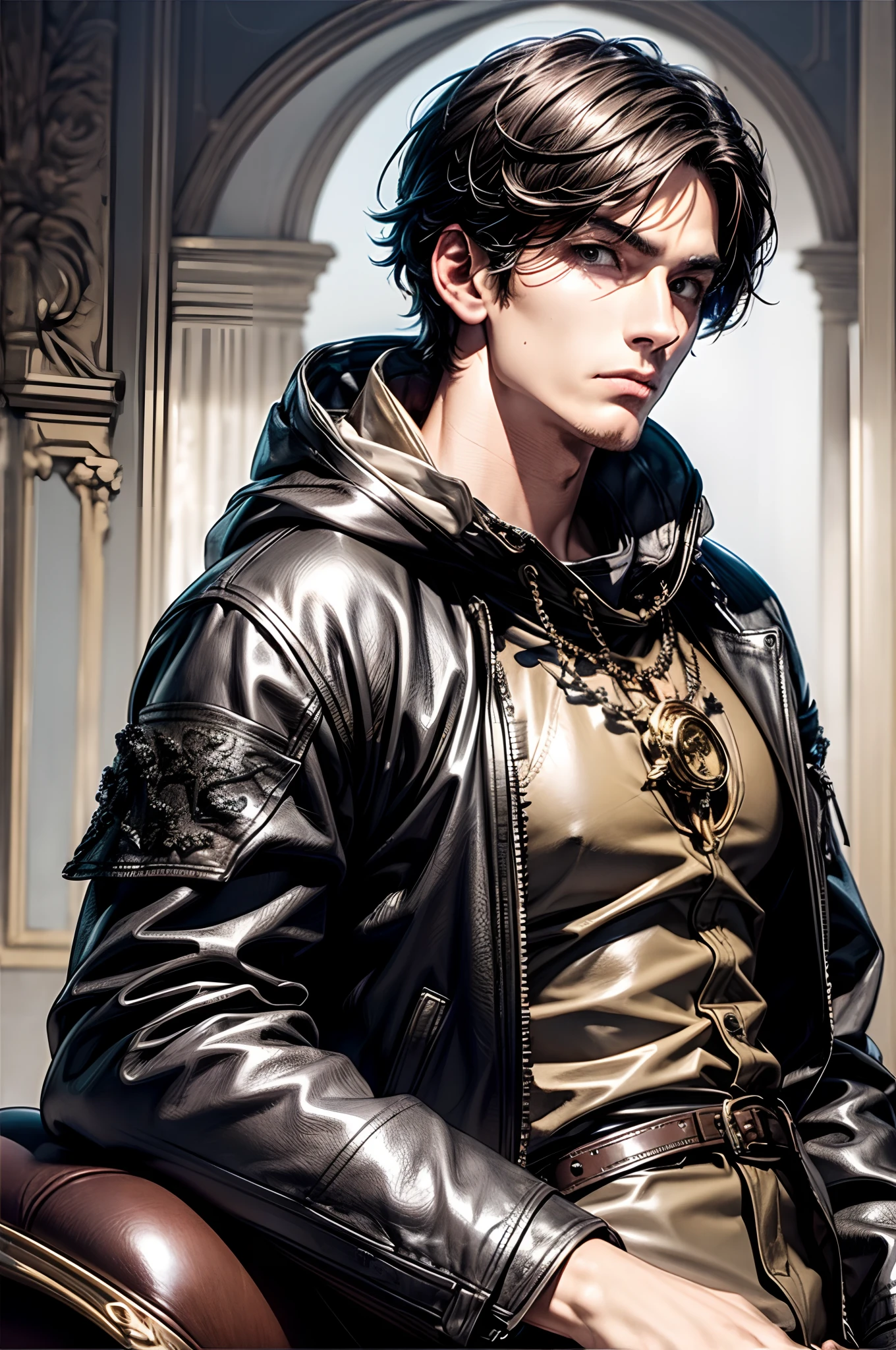 (absurderes, hight resolution, ultra-detailliert), 1 male, Adult, Handsome, High muscular face, broad shoulders, finely detailed eyes, Short black hair, Brown eyes, Black cloak, Wearing a hood, Leather Vest, Leather bag at waist................., 2 daggers on the belt, castle, Medieval atmosphere, Natural Light and Shadow, Bright particles fly around a person, Fantastic, Mysterious, Bright glow,  Seated Pose, Serious expression, Cold, thoughtful, Mouth Shut