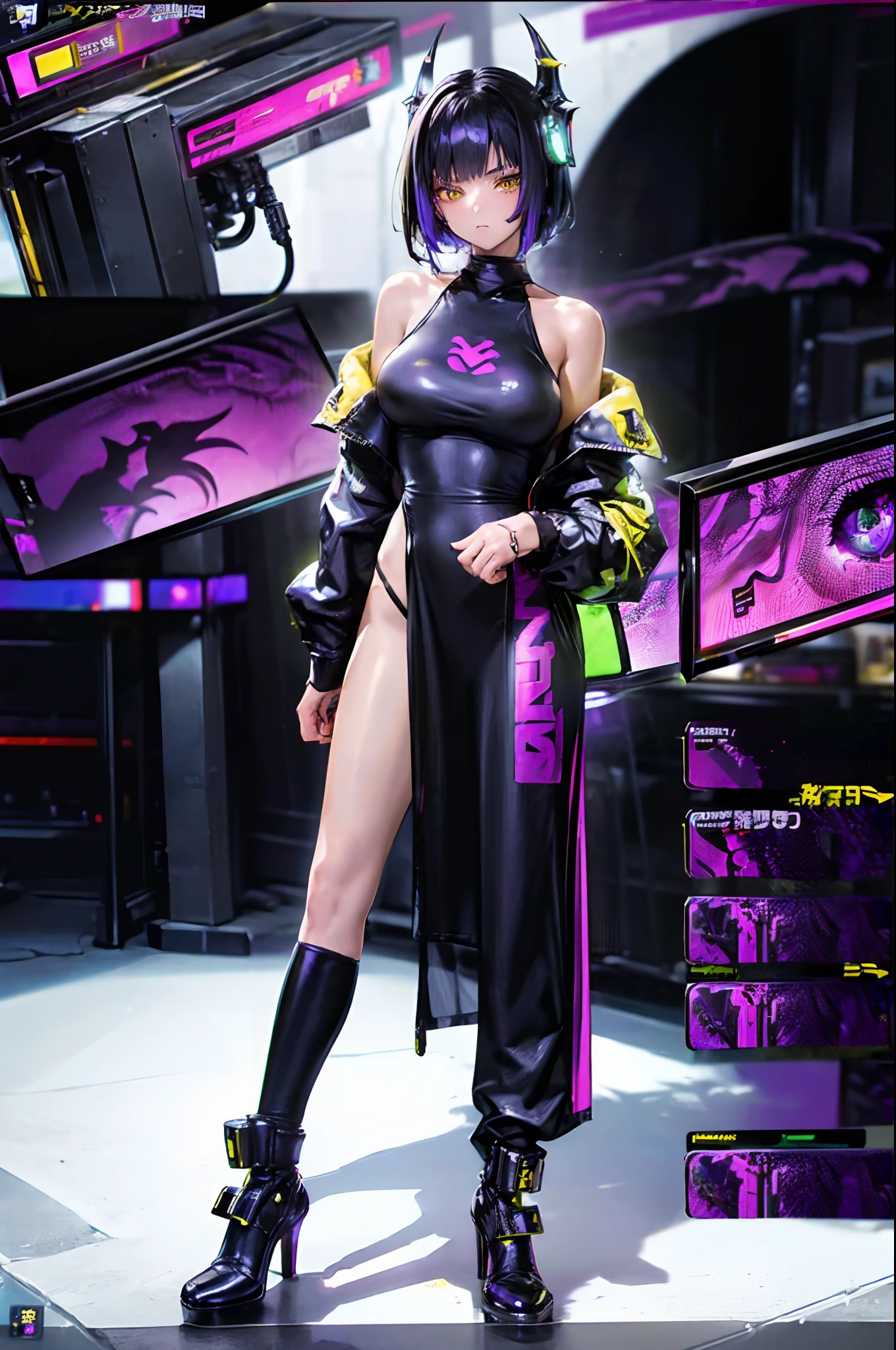 (((Intricate details))), (((highest resolution))), (((extreme quality))), (((complex composition))). Cyber anime girl with short black hair, vibrant yellow dragon-like eyes. Perfect body, mature and sexy at 18. 8k resolution, cyberpunk style, incorporating neon blues, purples, and dark metallic textures, yellow eyes