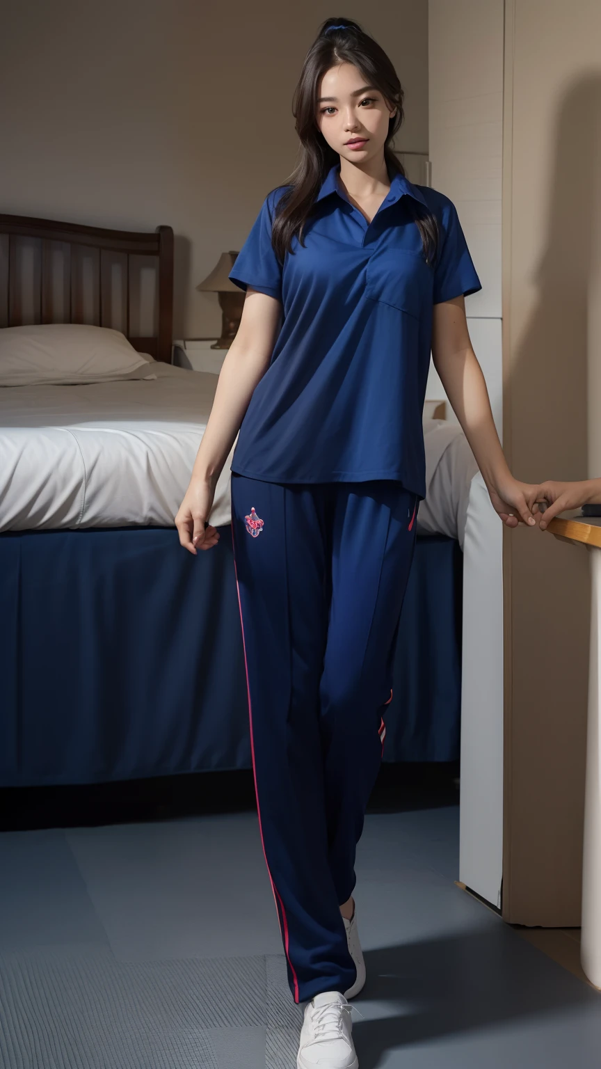 (bestquality,10,10,highres,masterpiece:1.2),ultra-detail,(Realistic,photorealistic portrait,photo-realistic:1.37),1 cute girl in the bedroom,oily shiny skin,bara,light smile,BDclothes,((blue shirt:1.3)),short sleeves,shirt, trousers.,(navy_long_Pants Track:1.1), ((Sweatpants)),,excited,face focus,from behide,Ass Focus,masterpiece, bestquality, ultra realistic, hyper-detail, 8k resolution, RAW photo, crisp focus, ((Navy blue shirt:1.1)), short sleeves, Long Path, Perfect body, 2 mature women, 18yo, cinematic light,Blue sweatpants,Gymware,Correct anatomy,Complete body, Correct body, sharp face, Anatomically correct body, full entire body, Realistic gestures, long-haired, Realistic poses,Wear long shorts..................,Long leg span,Shapely,Sculpting Girl, Slender Figure, mannequin mannequins, Shapely, Beautiful body,Blue sweatpants