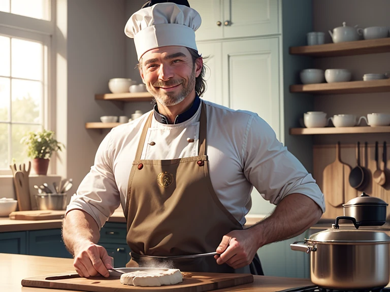 A european caucasian chief, using master cook hat,  in a clear and modern kitchen, smiling, handsome, tipical. 40 years old.