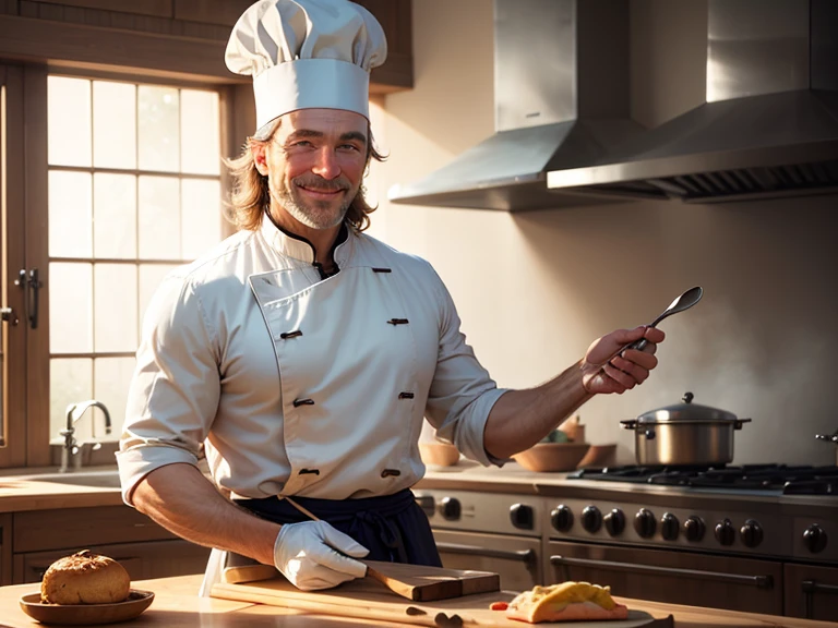 A european caucasian chief, using master cook hat,  in a clear and modern kitchen, smiling, handsome, tipical. 40 years old.