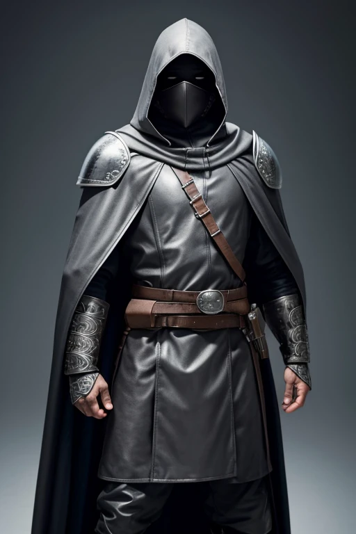 single person, masked bandit, hooded individual, D&D bandit, (full-body leather armor:1), wide cloak, camouflaged cloak, camouflaged clothing, detailed belt, grey background, grey matte background, vivid colors, studio lighting, ultra-detailed, HD anime.