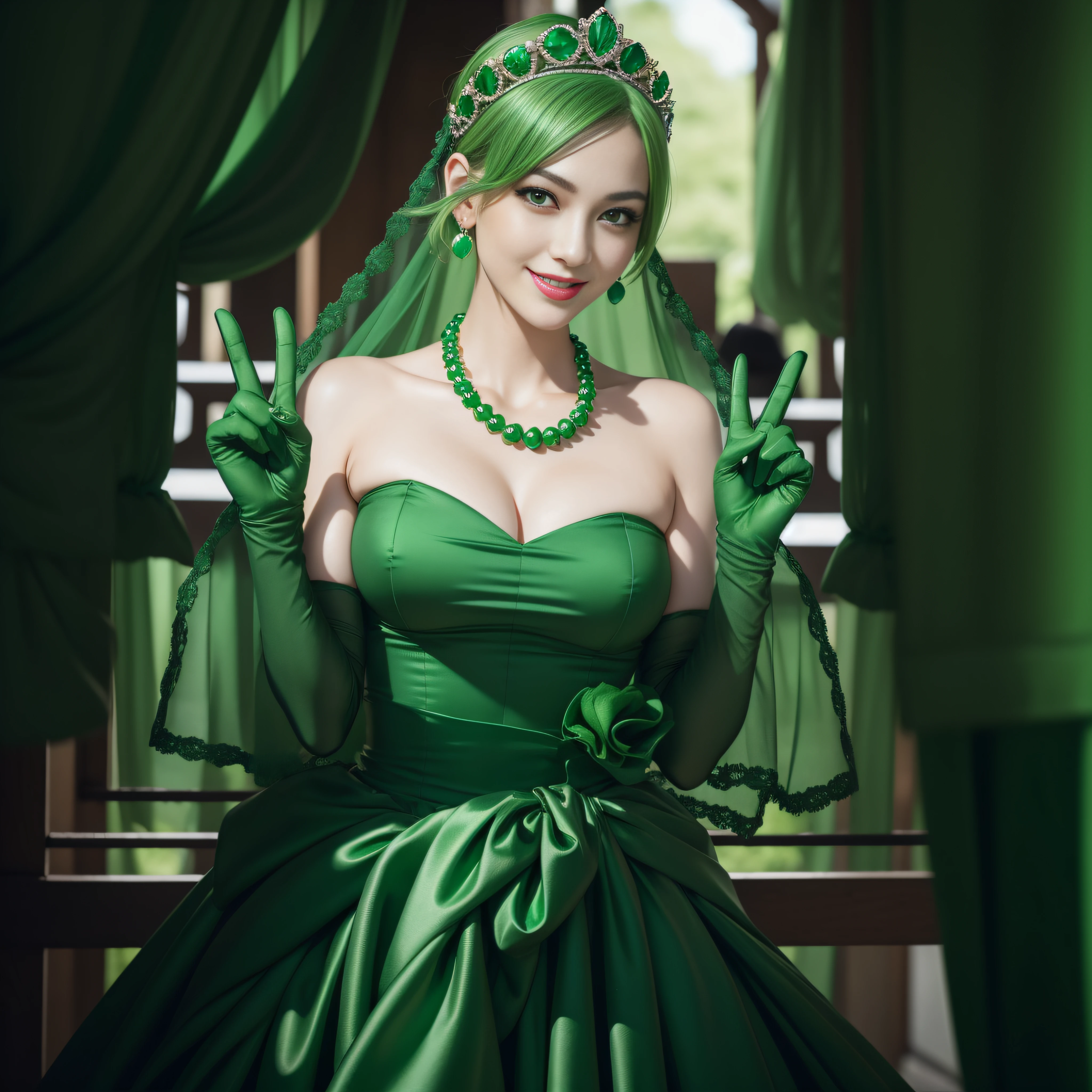 emerald tiara, Green Pearl Necklace, Boyish very short green hair, lipsticks, Japan woman smiling, very short short hair, big breasts beautiful, Green eyes, Long green gloves made of satin material, Green eyes, Emerald Earrings, green vale, v sign