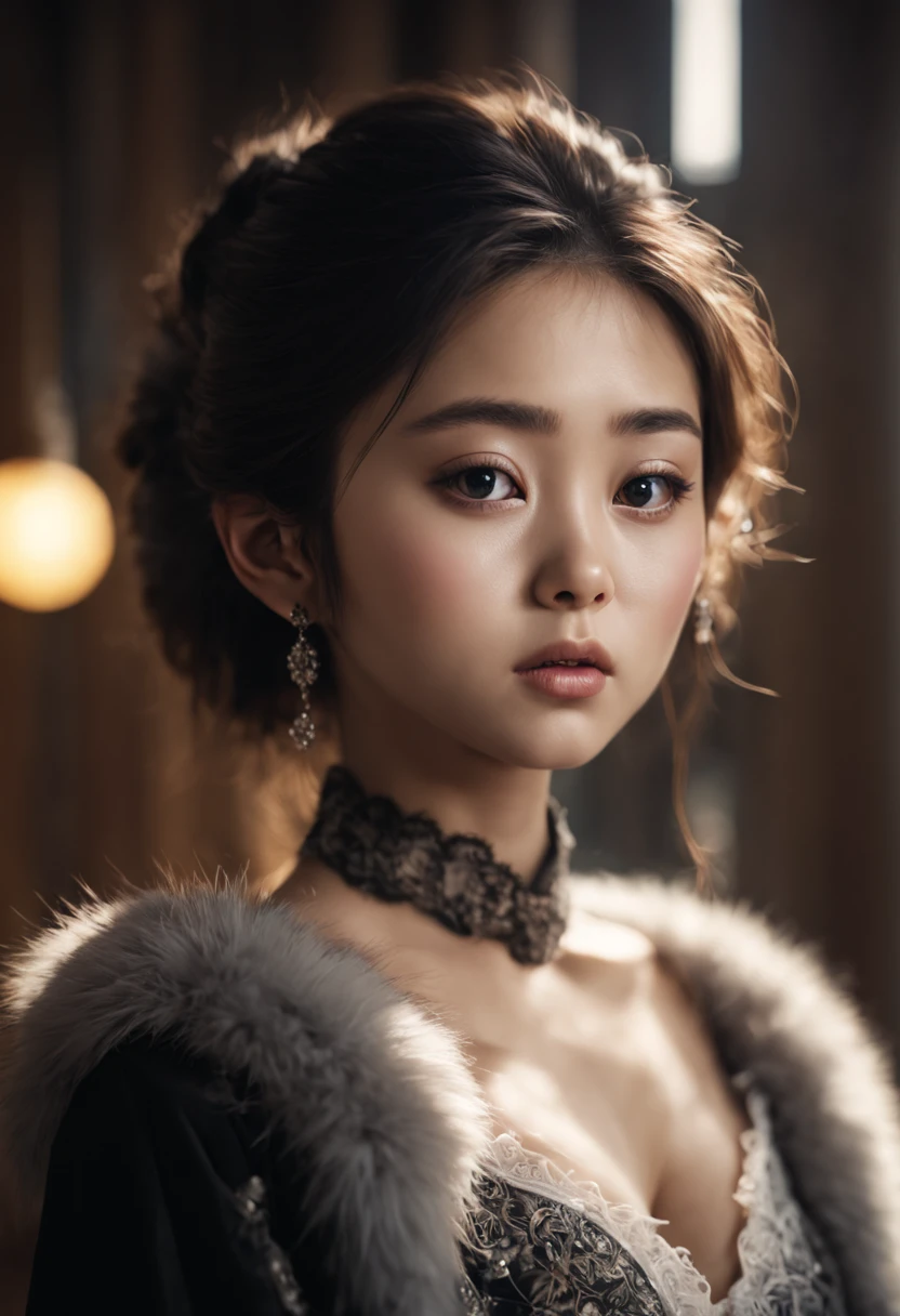 portrait, Unity 8k wallpaper, super detailed, beautiful, beautiful Asian girl, focused on detailed face, has a little to no dark spots, facing camera and looking at camera, 3/4 angle, real pose, masterpiece, best quality, romantic, literature, art, fashion, ((black, fur_product)) show era, decoration, intricacies, fur products, lace, contemplation, emotional depth, 1girl, solo, neck, bust composition, Realistic, bokeh, lens_flare,Natural light,portrait,Grey Film filter,(KODAK Ektar 100:1.2)