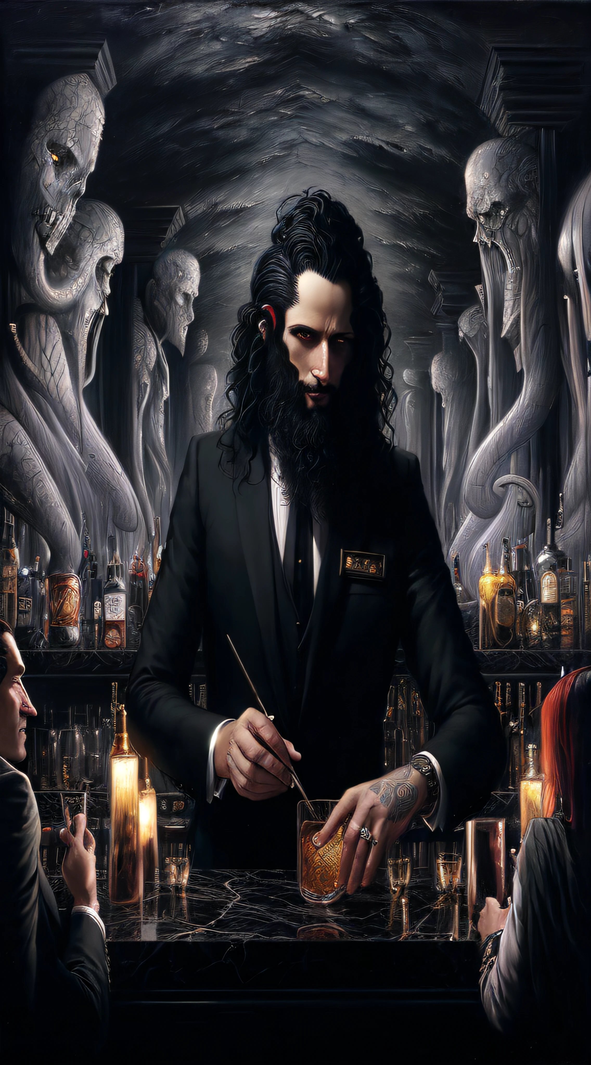 arafed image of a man in a suit and tie at a bar, detailed cover artwork, tom bagshaw weta studio, album art, an epic painting of an artist, detailed 3d gothic oil painting, dramatic artwork, tom bagshaw donato giancola, surreal dark art, badass composition, symmetry!! portrait of hades, art tom bagshaw