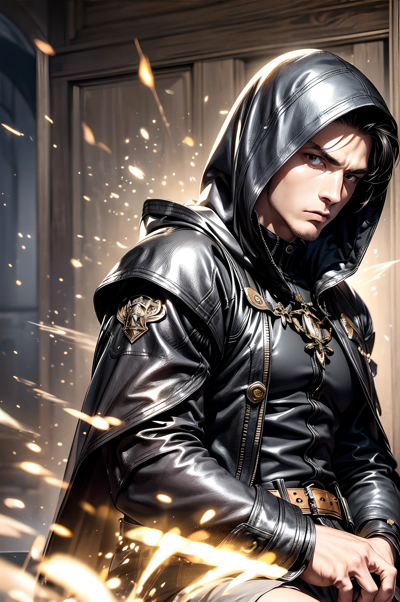 (absurderes, hight resolution, ultra-detailliert), 1 male, Adult, Handsome, High muscular face, broad shoulders, finely detailed eyes, Short black hair, Brown eyes, Black cloak, Wearing a hood, Leather Vest, Leather bag at waist.................., 2 daggers on the belt, castle, Medieval atmosphere, Natural Light and Shadow, Bright particles fly around a person, Fantastic, Mysterious, Bright glow, Seated Pose, Serious expression, Cold, thoughtful, Mouth Shut