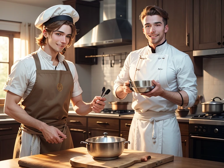 A european caucasian chief, using master cook hat, in a clear and modern kitchen, smiling, handsome, tipical. 20 years old.