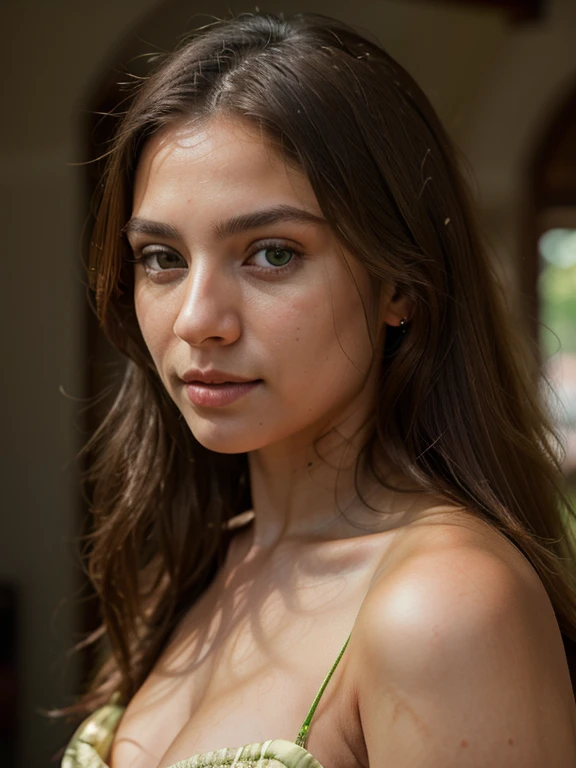 ((realism)), very high quality RAW photography, detailed, intricate background, Exquisite details and textures, highly detailed, Photo of a Brazilian woman with long hair and green eyes, yellow dress. Looking into the camera, ultra detailed photography, warm lighting, artstation, 4k, sharp focus, high resolution, detailed skin, detailed eyes, 8k uhd, dslr, low and hard lighting, high quality, film grain, Fujifilm XT3,