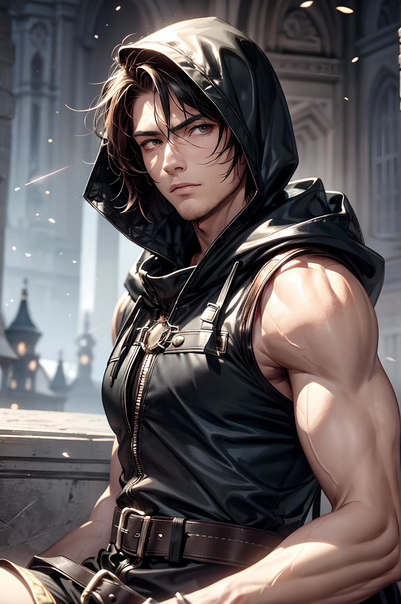 (absurderes, hight resolution, ultra-detailliert), 1 male, Adult, Handsome, High muscular face, broad shoulders, finely detailed eyes, Short black hair, Brown eyes, Black cloak, Wearing a hood, Leather Vest, Leather bag at waist.................., 2 daggers on the belt, castle, Medieval atmosphere, Natural Light and Shadow, Bright particles fly around a person, Fantastic, Mysterious, Bright glow,  Seated Pose, Serious expression, Cold, thoughtful, Mouth Shut