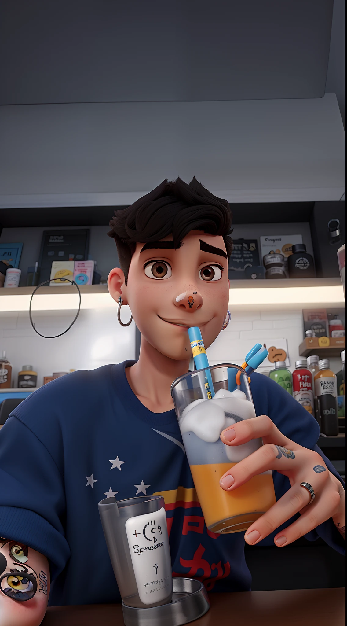 Boy with septum and eyebrow piercing and drinking juice