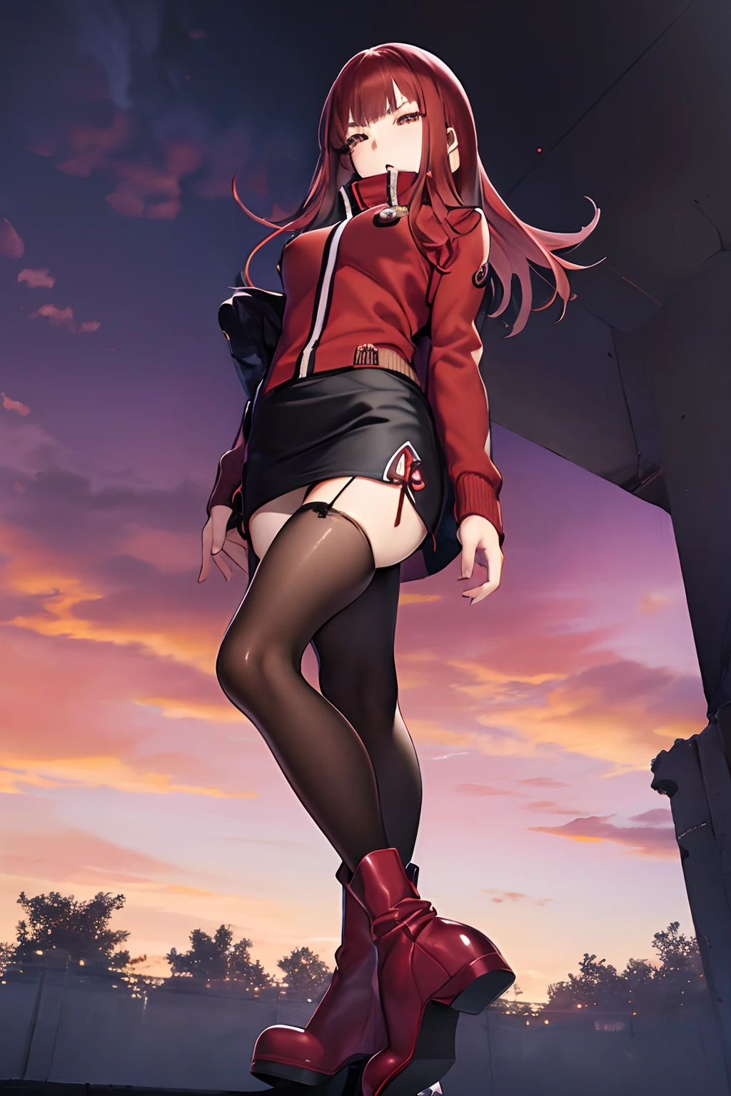 masutepiece, Best Quality, absurderes, Perfect Anatomy, 1girl in, Solo, Yoko Katori, Long hair, Knitted Outerwear、((a miniskirt)), ((pantyhose))、((long boots))、((Photo from below))、((Show panties))、((stepping on viewer))