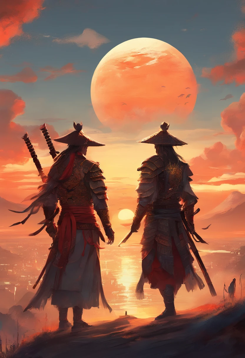 HD clear,Optimal image,illustration,超詳細,high detal,Two samurai walked to the horizon with the dawn of the sun. Around Japantown。
