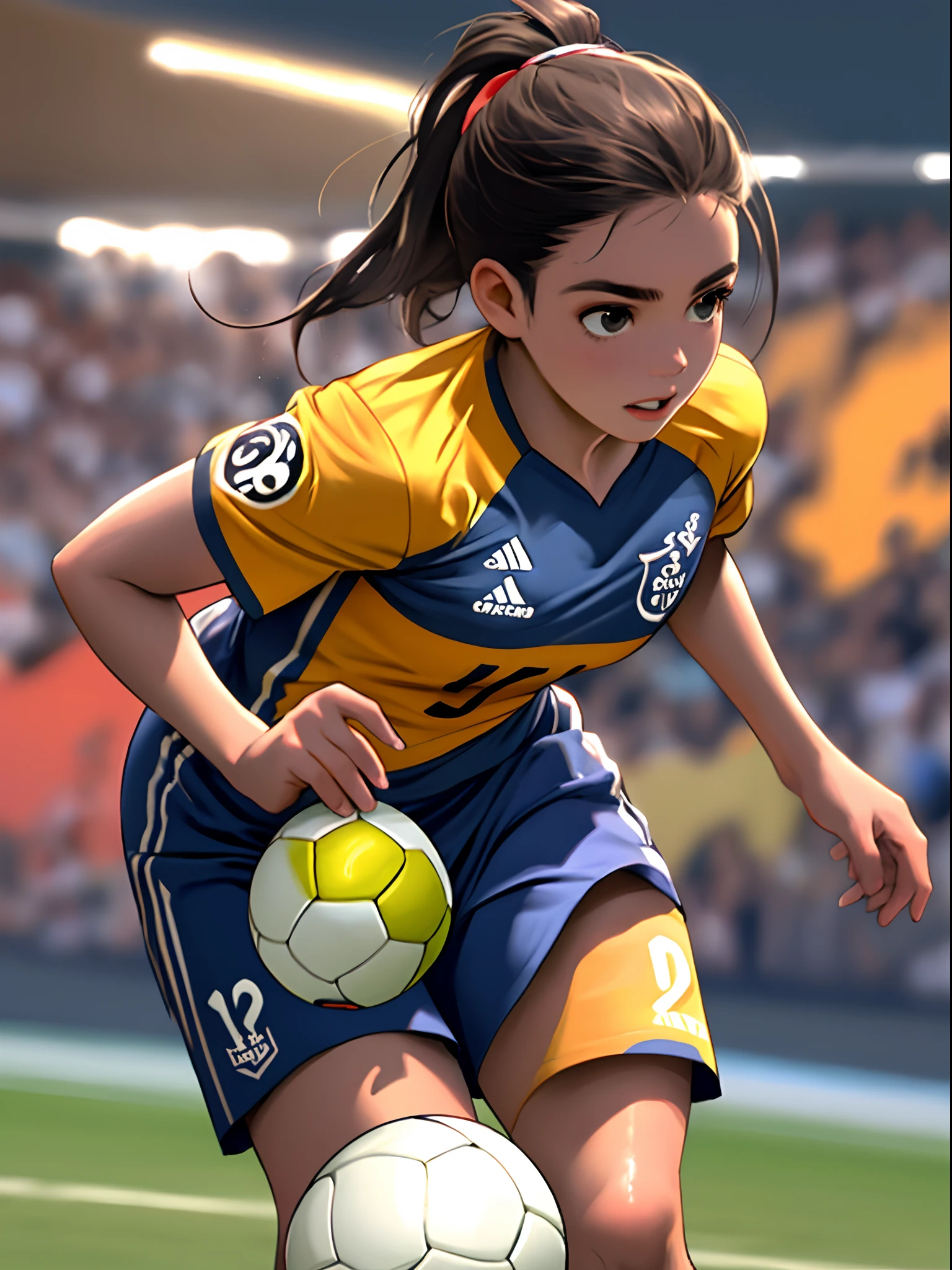 (Best Quality,8K,hight resolution,masuter piece:1.2),Ultra-detailed,Realistic:1.37,Portrait,Dynamic Angle,(Women's Soccer Players) ,Teenage girl,small head,Cute,Sporty,Charming face,Detailed beauty face,Very realistic skin,Wet skin,Sweat,Large breasts,nice legs ,Sporty,Football/Soccer Competition Venues ,Cinematic lighting,