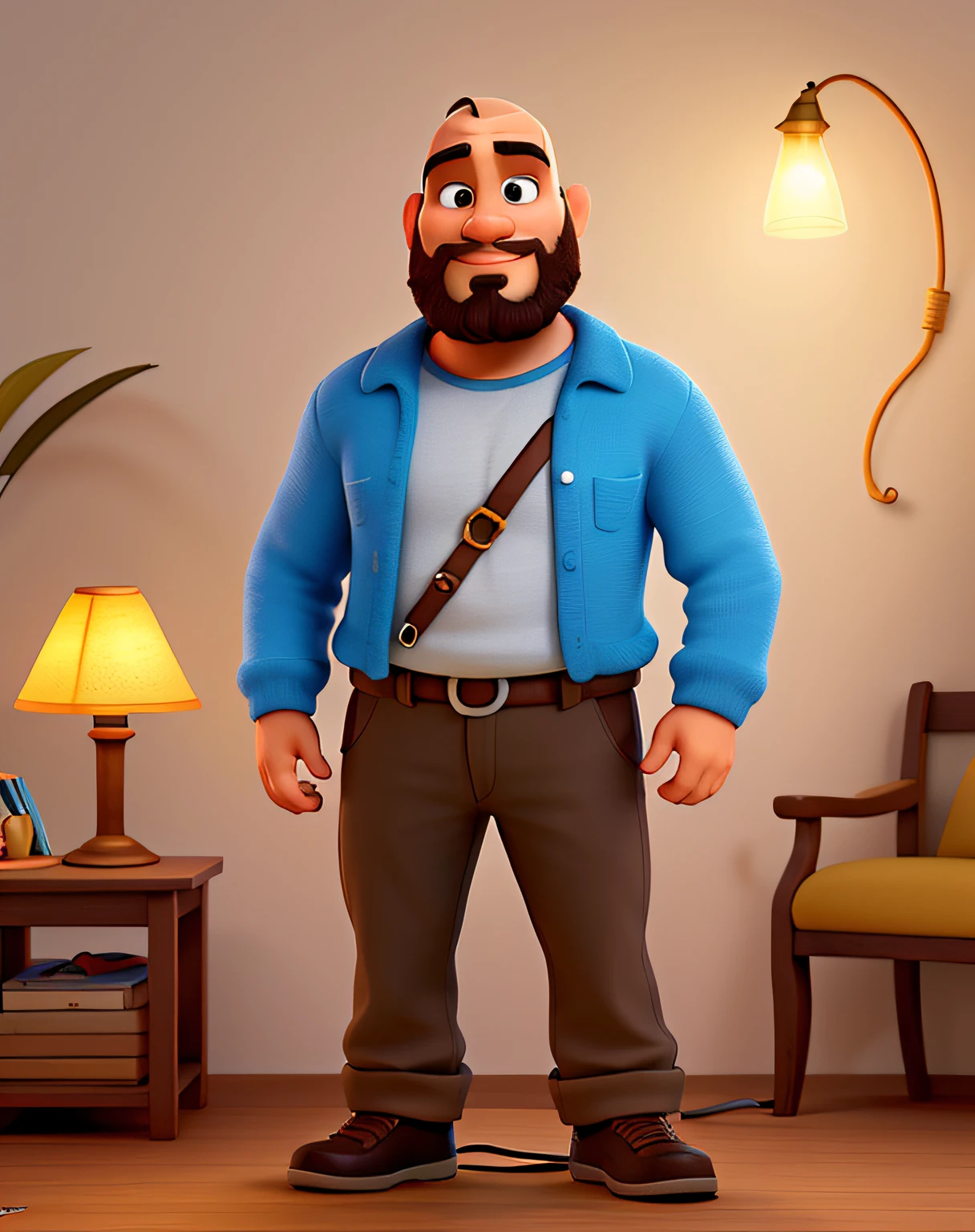 Um homem careca, barbudo, illuminated by the lamp in the same, estilo disney pixar