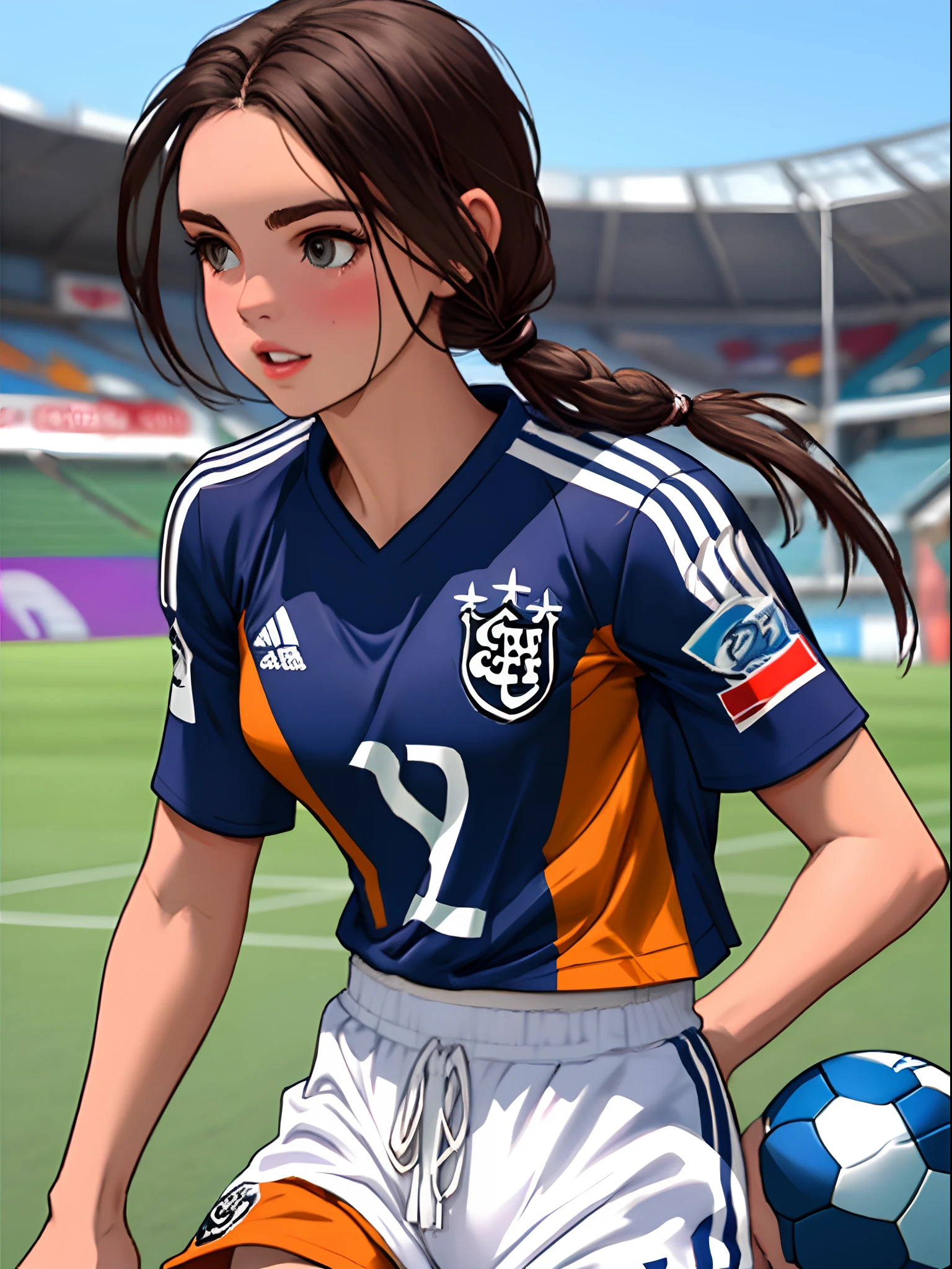 Uma menina jogadora de futebol do cabelo castanho escuro ondulado com uma camisa do Corinthians segurando uma bola