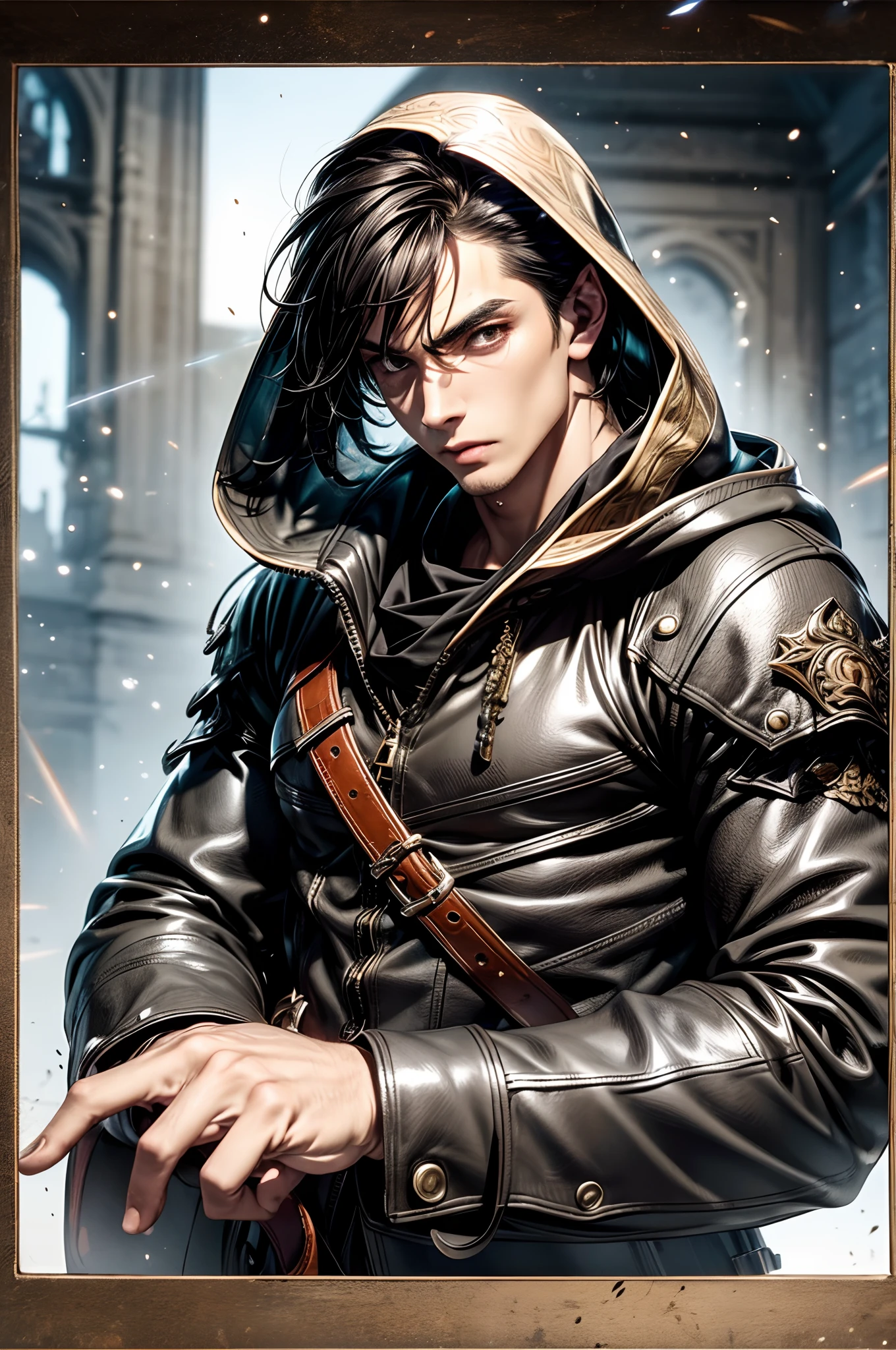 (absurderes, hight resolution, ultra-detailliert), 1 male, Adult, Handsome, High muscular face, broad shoulders, finely detailed eyes, Short black hair, Brown eyes, Black cloak, Wearing a hood, Leather Vest, Leather bag at waist.................., 2 daggers on the belt, castle, Medieval atmosphere, Natural Light and Shadow, Bright particles fly around a person, Fantastic, Mysterious, Bright glow,  Seated Pose, Serious expression, Cold, thoughtful, Mouth Shut