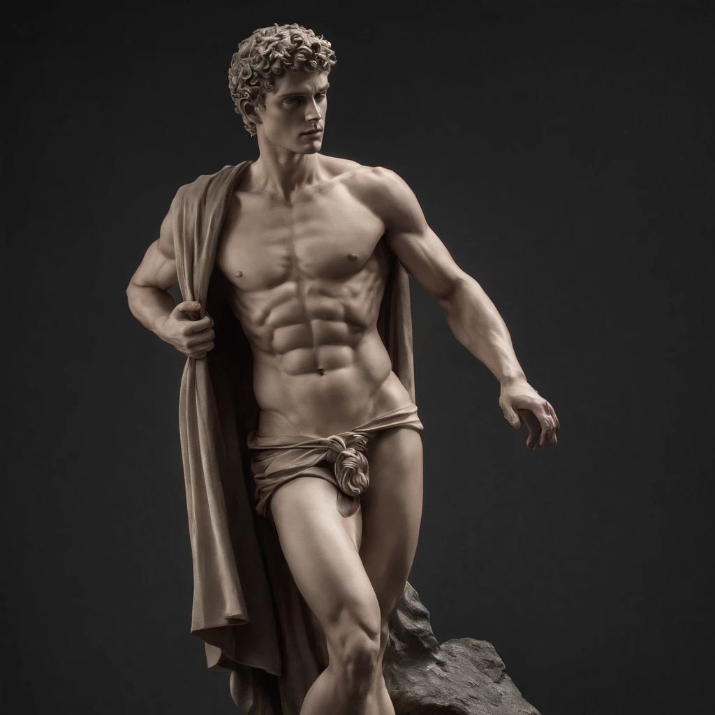 Greek god statue in a dark studio, perfect body statue, man statue, minimal background, classic physique.