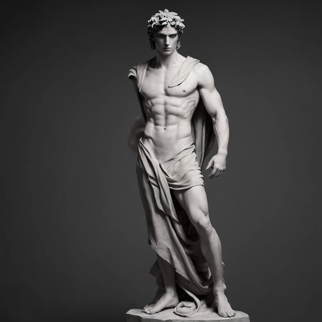 Greek god statue in a dark studio, perfect body statue, man statue, minimal background, classic physique.