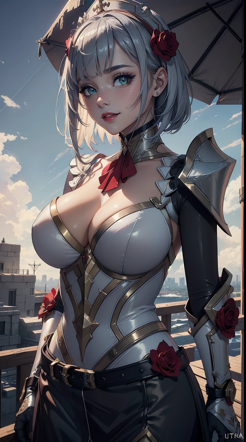 ((masterpiece)),(bestquality),((ultra-detailed)), ((beautiful detailed sky)), ((cinematic lighting)), depth of field, (dynamic angle),detailed lighting,(beautiful detailed eyes),outdoors, red lip, smile,eyeshadow,large breast, sexy, cleavage, noelledef