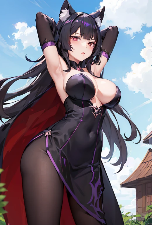 a woman in a black dress and cat ears is posing, ayaka genshin impact, black - haired mage, seductive anime girl, shalltear from overlord, noire, succubus in tight short dress, ayaka game genshin impact, hestia, mai yoneyama, maya fey from ace attorney, anime moe artstyle, delta shadow garden female character