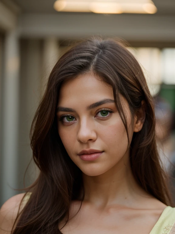 ((realism)), very high quality RAW photography, detailed, intricate background, Exquisite details and textures, highly detailed, Photo of a Brazilian woman with long hair and green eyes, yellow dress. Looking into the camera, ultra detailed photography, warm lighting, artstation, 4k, sharp focus, high resolution, detailed skin, detailed eyes, 8k uhd, dslr, low and hard lighting, high quality, film grain, Fujifilm XT3,