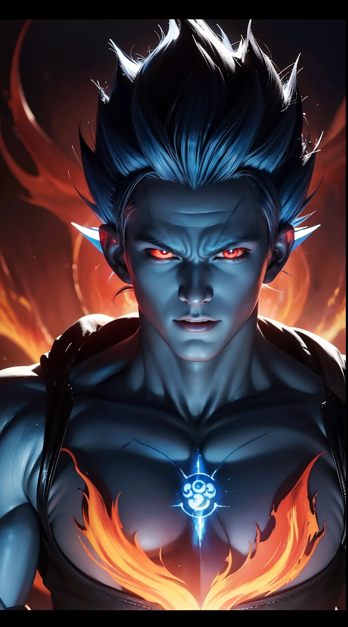 Black Garou demon god with handsome face, glowing blue hair and tattoo, glowing red eyes, transformed state mode, extreme instinct, epic anime about energy man, fire, lava , epic anime artwork, concept art Dragon Ball Universe Concept, 8k manga wallpaper, detailed digital anime art, advanced digital anime art, detailed anime artwork , bad anime 8k