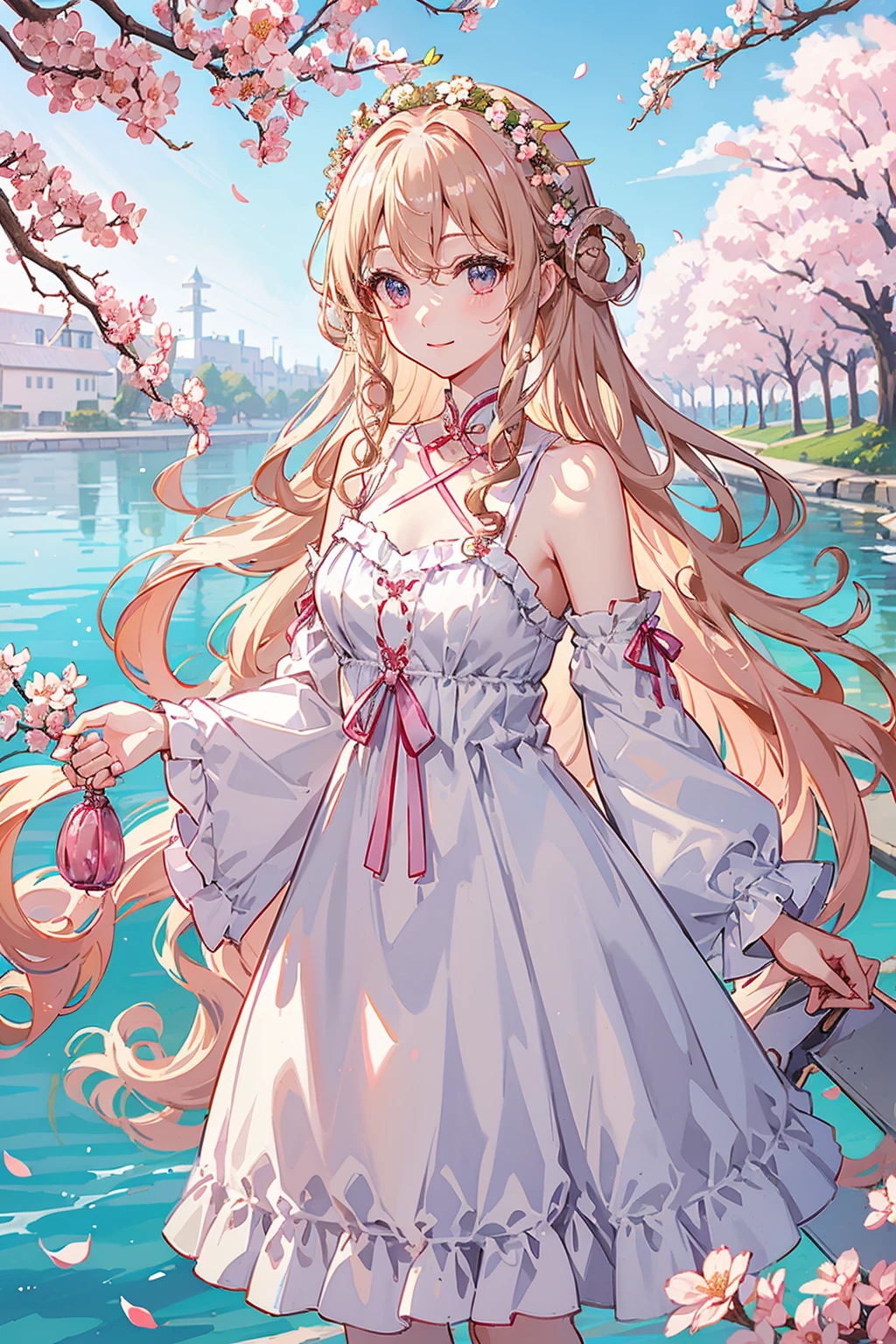 cherry_blossoms、Falling_petals、Flower petals、branch、Pink_flower、1girl in、20yr old、Blue_sky、Spring_\(season\)、petals_On_Liquid、florals、Flowers、doress、(Long curly blonde hair:1.5)、wreath、Skysky、outside of house、​​clouds、By bangs、A smile、Pink eyes、Cherry white dress、bare shoulders​、耳Nipple Ring、top-quality。Perfect Picture。Holding_flower、ventania、The tree、Looking_at_peeping at the viewer、cow boy shot、Detail enhancement