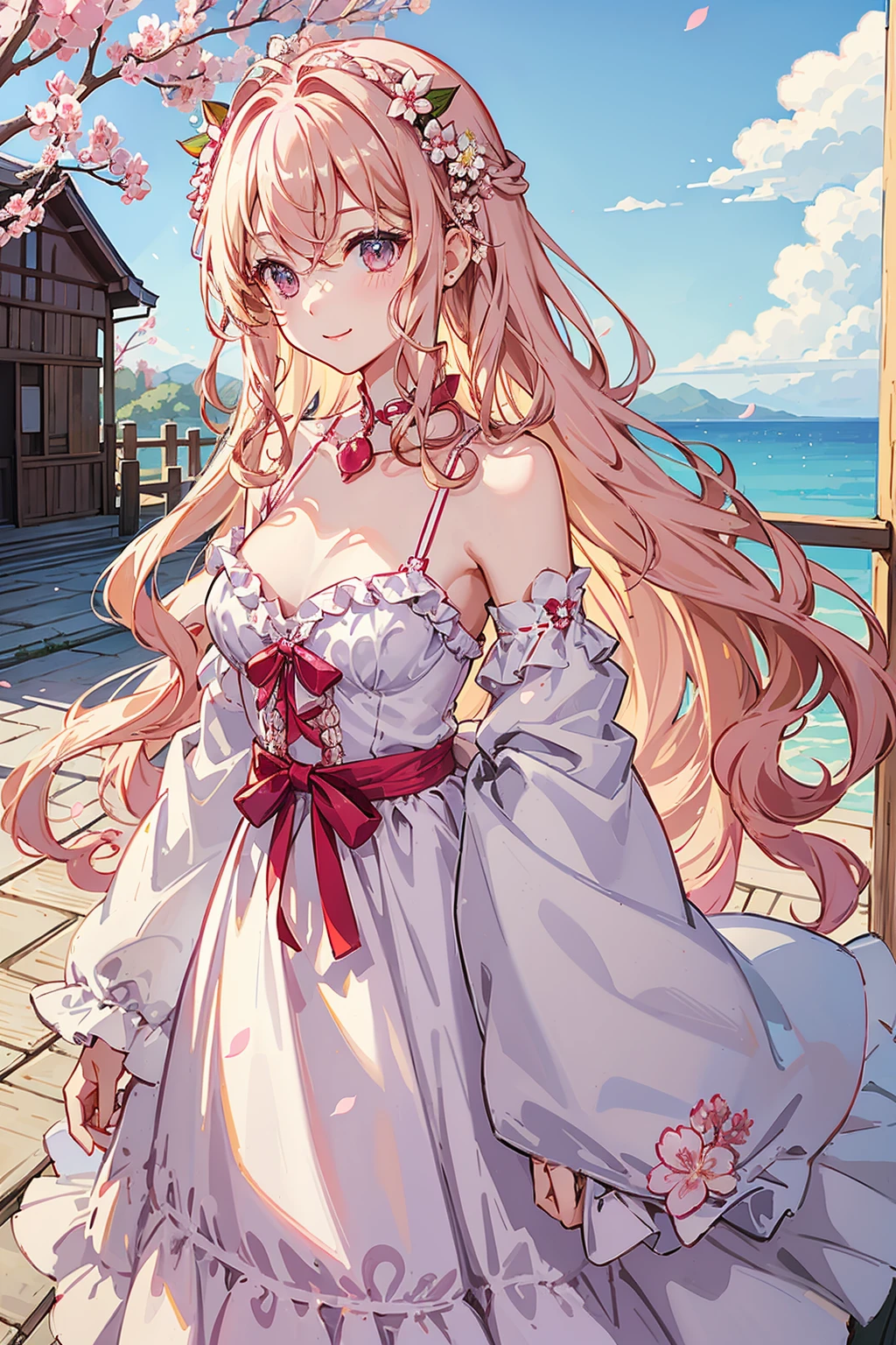 cherry_blossoms、Falling_petals、Flower petals、branch、Pink_flower、1girl in、20yr old、Blue_sky、Spring_\(season\)、petals_On_Liquid、florals、Flowers、doress、(Long curly blonde hair:1.5)、wreath、Skysky、outside of house、clouds、By bangs、A smile、Pink eyes、Cherry white dress、bare shoulders、耳Nipple Ring、top-quality。Perfect Picture。Holding_flower、ventania、The tree、Looking_at_peeping at the viewer、cow boy shot、Detail enhancement