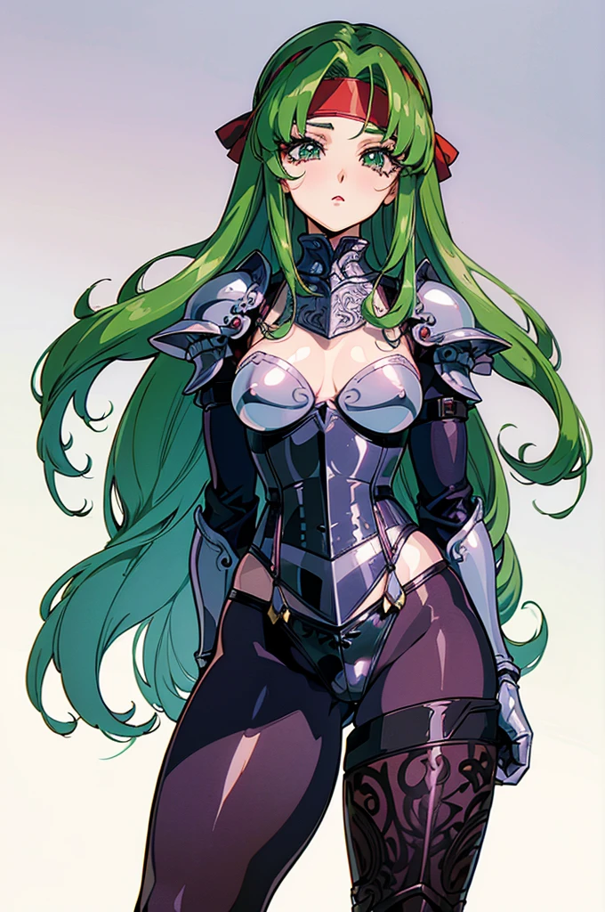"(masterpiece:1.1), best quality,
1girl, (80s anime style:1.4), (eyelashes:1.5),
(intricate high detailed body:1.2),
green hair,
(forehead, hair slicked back:1.2), (twintails:1.1), (hair ribbon:1.2),
brown eyes, (red lip stick:1.1),
(pale skin:1.3), (huge breasts:1.1),
expressionless,
(see-through cloth bikini armor, tattoo:1.2),
(spiked knight armor, armored boots, capelet:1.2), (frill:1.1), (earrings:1.1), long gloves,
standing, crossed arms,
(cowboy shot:1.1),
(simple white background:1.2)"