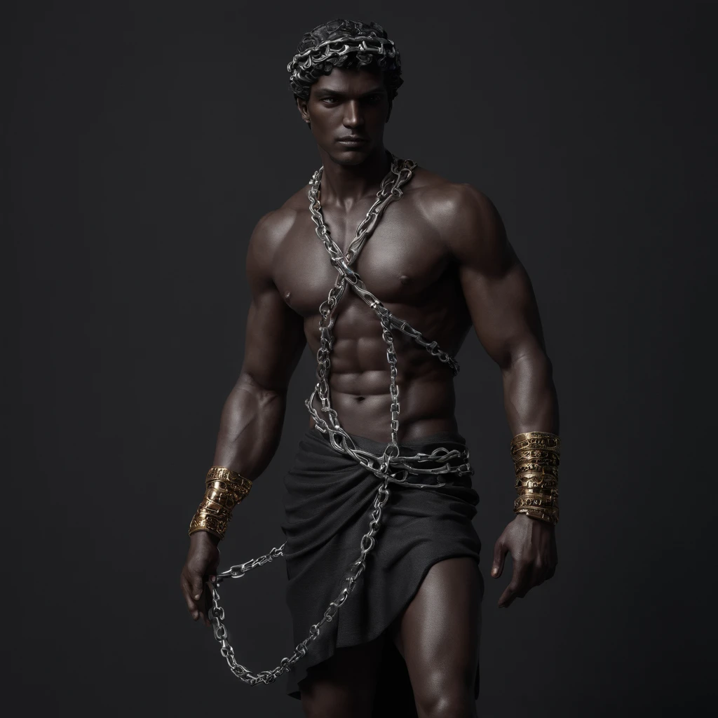 Greek god in chains statue in a dark studio, perfect body statue, man statue, minimal background, classic physique.