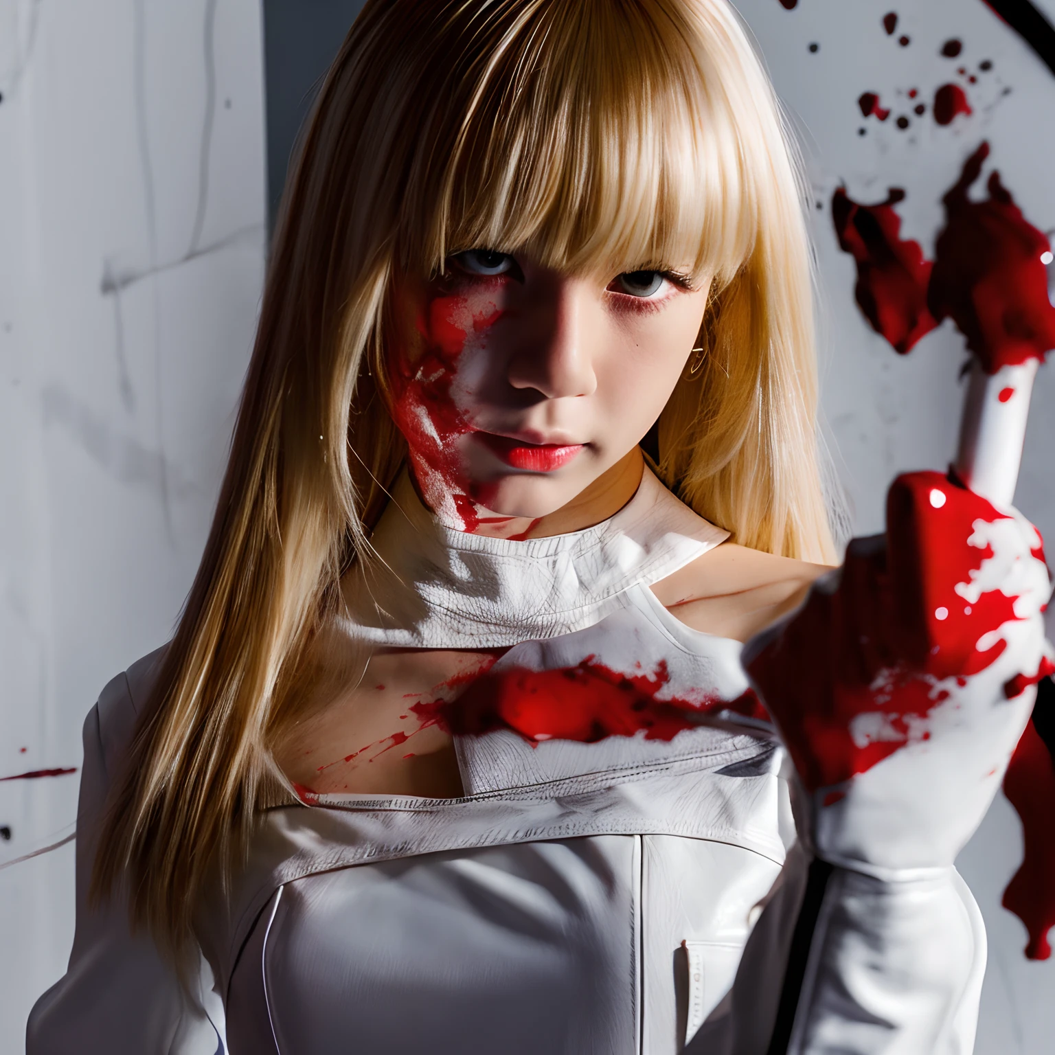 masterpiece,high quality,best quality,4k,super detailed,4k,focus sharp,1girl,Himiko Toga,(from side behind),from above,blonde hair,yellow eyes,glowing eyes,(psycho smile),gesugao,looking at viewer,(dark alley),night,darkness,(blood splater:1.6),standing,full body,