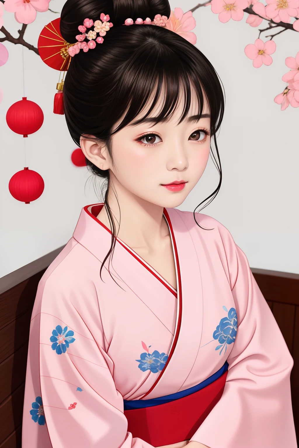Eyes closed、((Big、a small face、No exposure))、top-quality、​masterpiece、（Bun hair Black hair、Ponytail hair）、Brown eyes、｟From the buttocks up is the whole body、Diagonally horizontal｠、(４In K、​masterpiece、hight resolution、Realistic and beautiful light and shadow、One girl、Solo Focus、(top-quality)、(Hi-Res)、(extremely delicate and beautiful)、(Beautiful 8k face)、(I close my eyes while smiling.)、(独奏)、(Clear skin)、(Soft hair)、(7headed body)、(Japanese style yukata kimono with red and pink floral pattern isolated on white background、Beautiful girl in Japan wearing yukata)、((Hair in a bun))、((Tanabata decoration background))、((a small face))、(reality)、thin and small nose、（red lipsticks）、（Reddening cheeks）、（Lustrous skin）、((Ukiyo-e style))、Ultra-thin eyebrows、Ultra high image quality、（Wearing maiko-style makeup）、skin whitening、long and beautiful lashes、Lustrous skin that changes like a model in a Kyoto magazine、（Red-dyed cheeks）,Nasal muscle