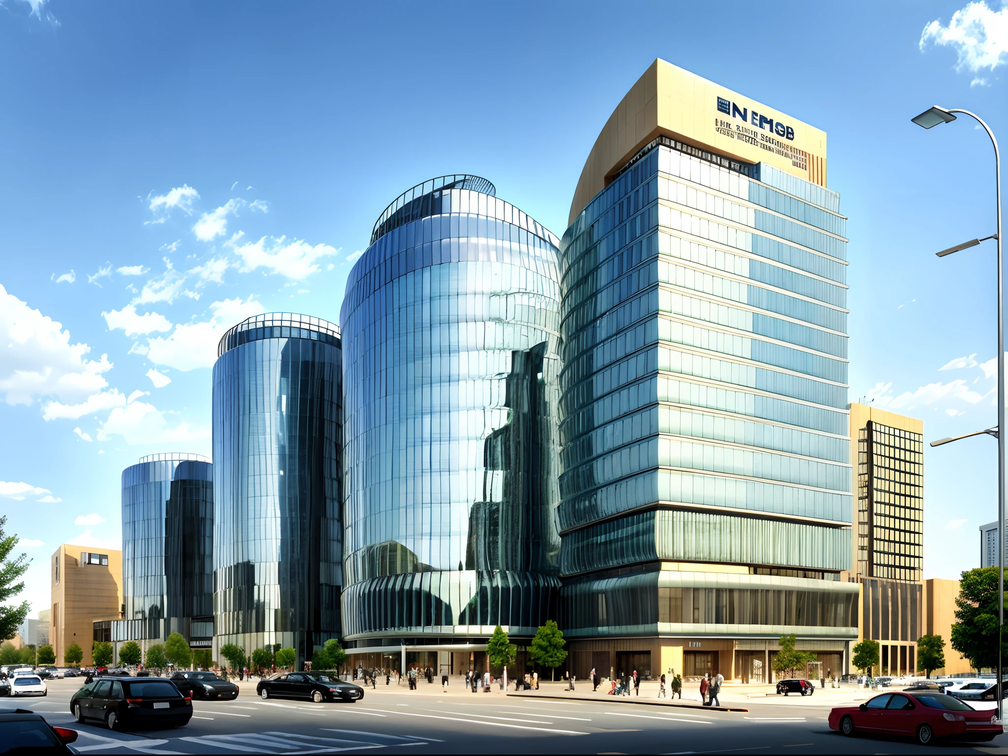 Rendering of a large building with a lot of windows and a lot of cars，building rendering，medical research facility，Sharp headquarters rendering，wide angle exterior 2022， architectural render， artistation render， Detailed picture， photorender， detailled image