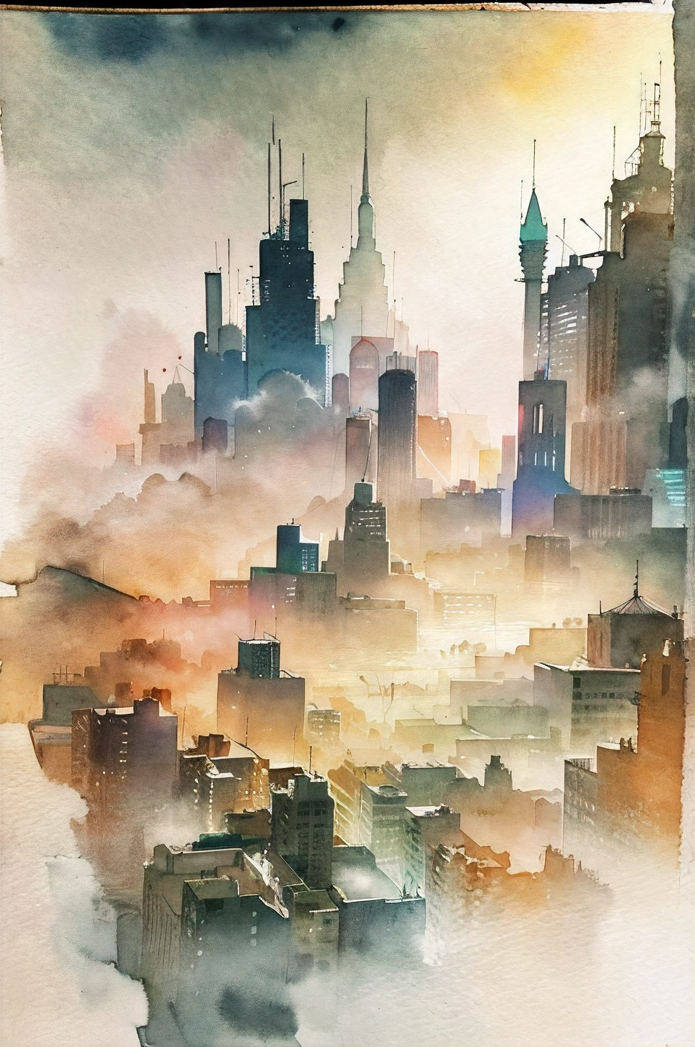 (August Macke)The cityscape melting in the morning mist. The diffusion of light envelops the city.(Ink on Japanese paper, which tends to bleed easily)(contemporary art like a picture book) (transparent watercolor) (light itself expressed as real) (layers of soft, rich colors) (shades of paint dissolved thinly with water) (deep, delicate colors)