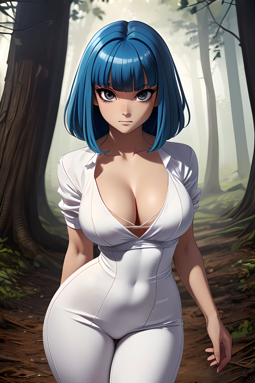Alien Girl, stranger, ((blue long short hair with long bangs)), Beautiful cute face, Charming, ((A wary expression of disbelief)), Facing the camera, ((Skin color: white)), Body glare, ((Beautiful Female Eyes)), ((kblack eyes)), ((Perfect Sexy Figure)), Ideal body shapes, big thighs, ((Subtle and beautiful)), Sexy stance, ((Alien Clothing: tight alien clothes with sexy cleavage)), background: A house near a dark forest, Depth of field, ((ultra quality)), ((tmasterpiece)), ((clear image)), ((crisp details)), ((Realistic)), ((Professional Photo Session)), ((Clear Focus)), the anime, Colorfully drawn, NSFW