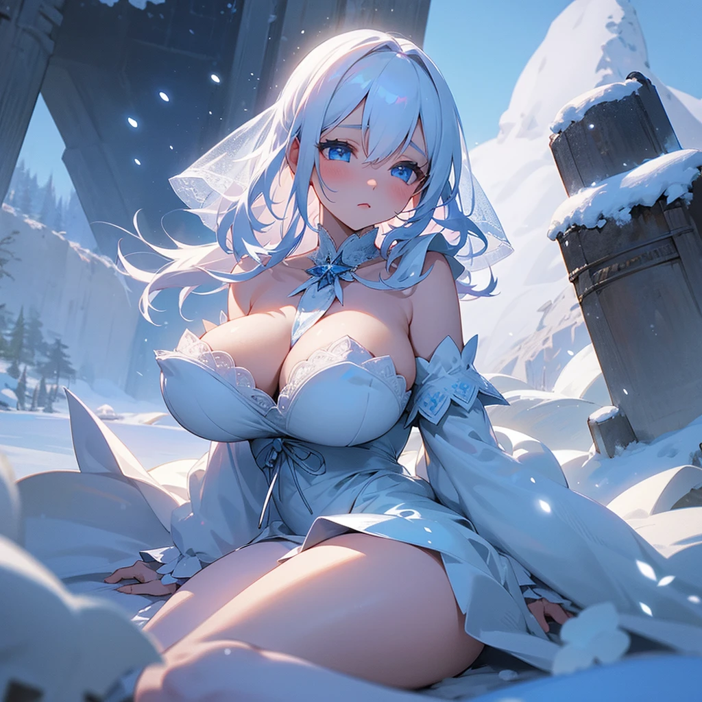 1 girl, white hair, huge breasts, snow country, lake, snow, sunshine, snow fairy, white dress, lace and frills, off-shoulder, ephemeral, veil, snow flower, sparkle, beautiful, beautiful, fantasy Target, heartbreaking, ribbon, enchanting breasts, enchanting thighs