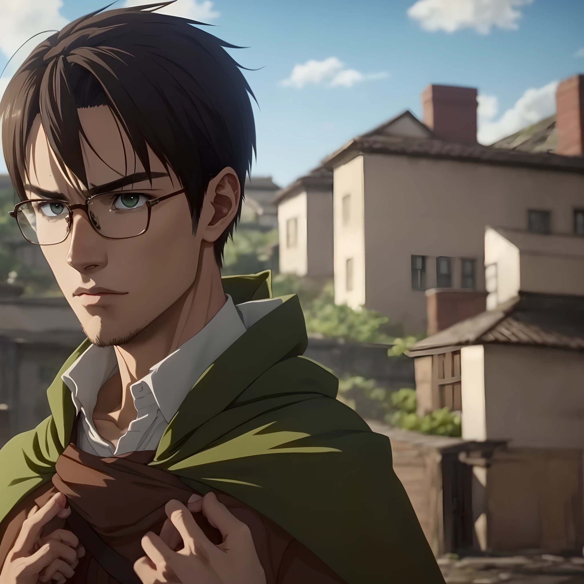 Attack on Titan screencap of a male with very a man with beautiful brown eyes, a small nose and rounded glasses, small lips Scenery is beautiful. he is wearing a green cloak. WIT Studios season 3 screencap
