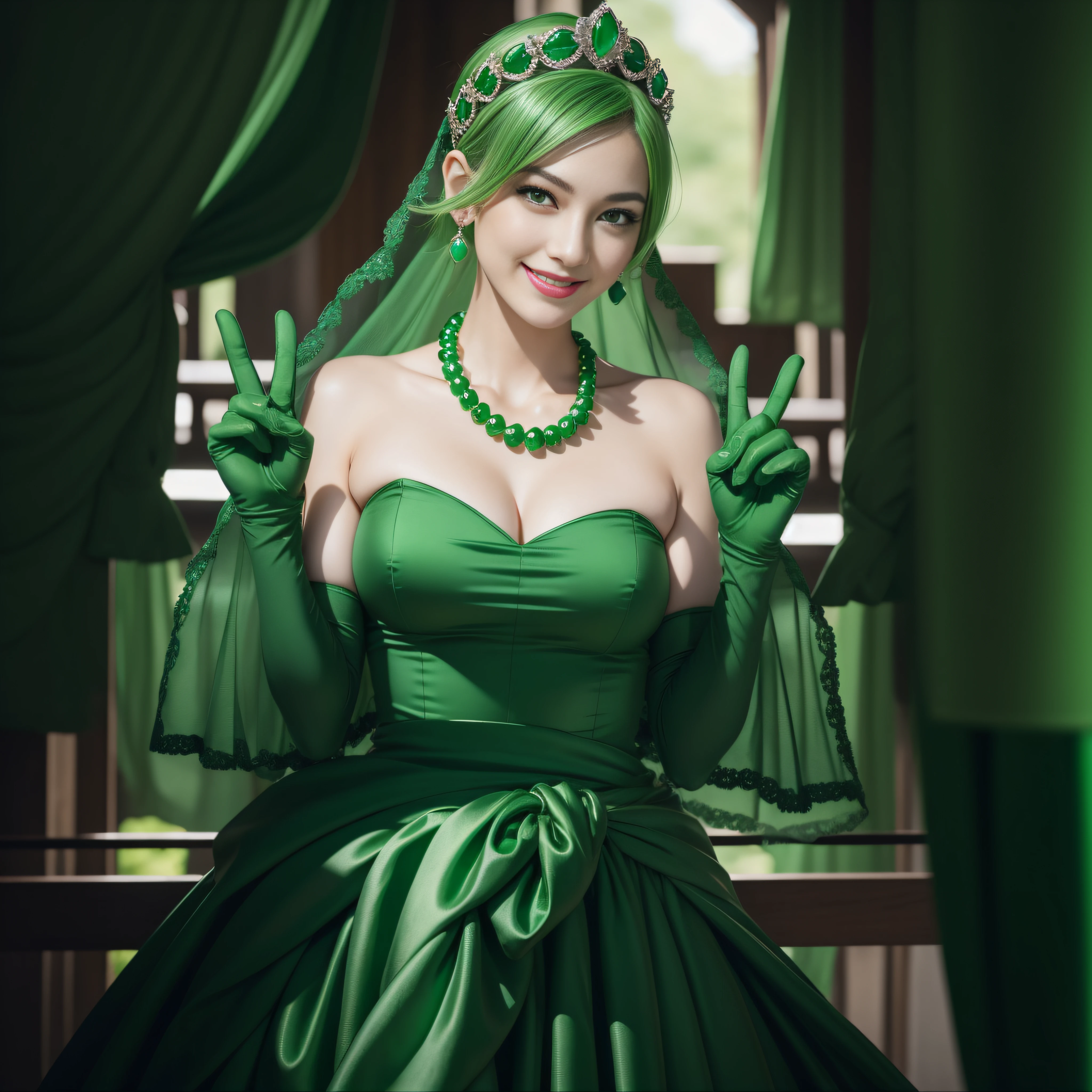 emerald tiara, Green Pearl Necklace, Boyish very short green hair, lipsticks, Japan woman smiling, very short short hair, big breasts beautiful, Green eyes, Long green gloves made of satin material, Green eyes, Emerald Earrings, green vale, v sign