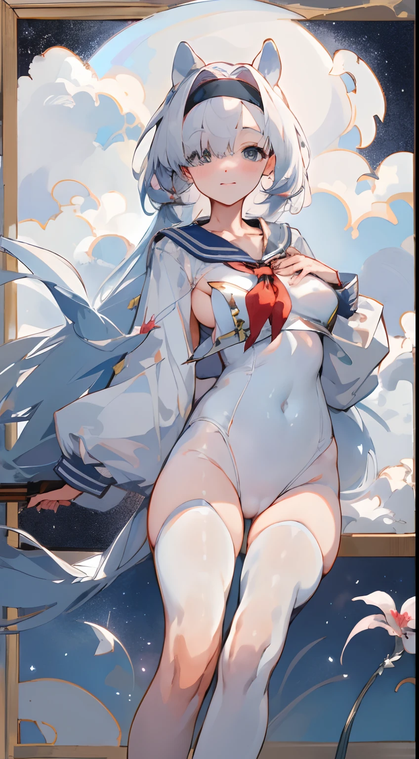Leakage out of the collarbone,Neck leakage,a sailor suit,Pose for a photo,white backgrounid,Bigboobs,upper legs,dual horsetail,Transparent sex clothing,Color splattering,Flower frame,Decorative panels, starrysky, natta, exteriors, Clouds, Eau, Sumeru, Clouds, themoon,