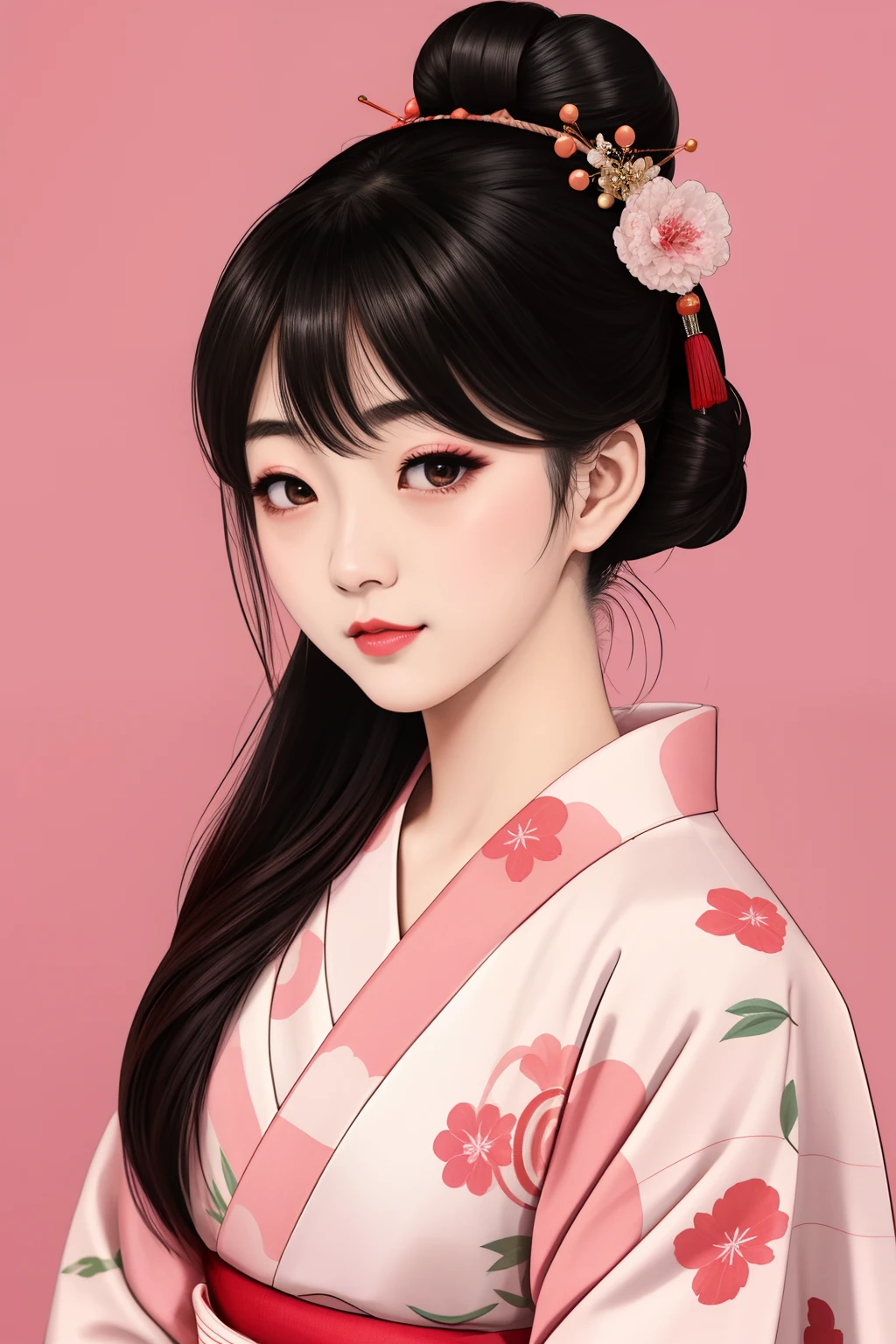 ((Big、a small face、No exposure))、top-quality、​masterpiece、（Bun hair Black hair、Ponytail hair）、Brown eyes、｟From the buttocks up is the whole body、Diagonally horizontal｠、(４In K、​masterpiece、hight resolution、Realistic and beautiful light and shadow、One girl、Solo Focus、(top-quality)、(Hi-Res)、(extremely delicate and beautiful)、(Beautiful 8k face)、(I close my eyes while smiling.)、(独奏)、(Clear skin)、(Soft hair)、(7headed body)、(Japanese style yukata kimono with red and pink checkered pattern isolated on white background、Beautiful girl in Japan wearing yukata)、((Hair in a bun))、((Tanabata decoration background))、((a small face))、(reality)、thin and small nose、（red lipsticks）、（Reddening cheeks）、（Lustrous skin）、((Ukiyo-e style))、Ultra-thin eyebrows、Ultra high image quality、（Wearing maiko-style makeup）、skin whitening、long and beautiful lashes、Lustrous skin that changes like a model in a Kyoto magazine、（Red-dyed cheeks）,Nasal muscle