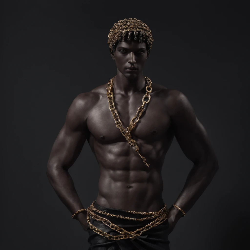 Greek god in chains statue in a dark studio, perfect body statue, man statue, minimal background, classic physique.