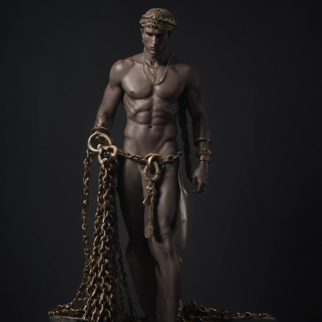 Greek god in chains statue in a dark studio, perfect body statue, man statue, minimal background, classic physique.